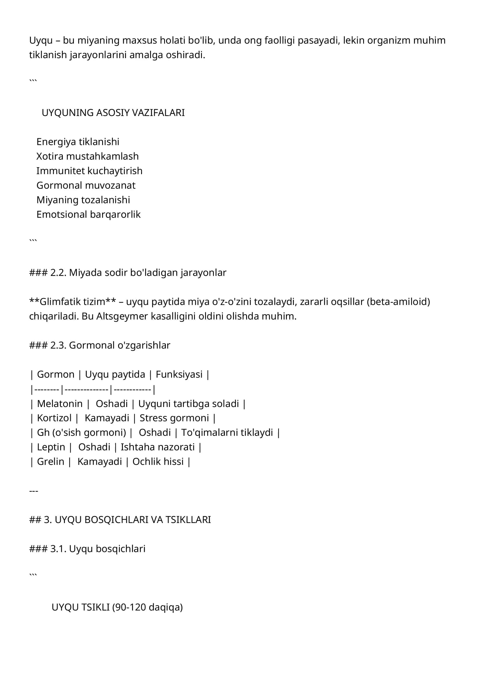 Uyqu fiziologiyasi va ahamiyati 2