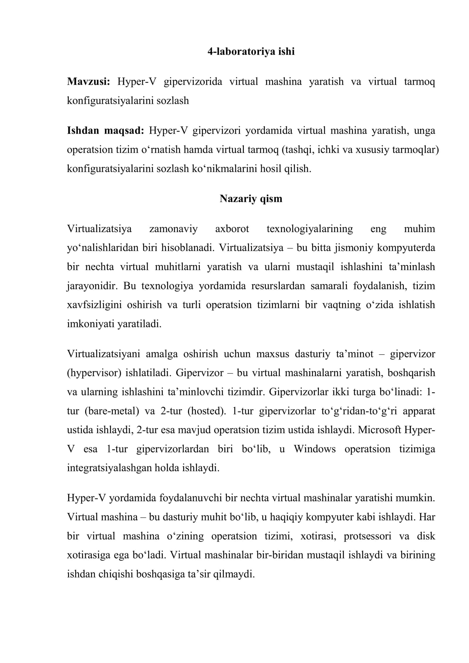 Hyper-V gipervizorida virtual mashina yaratish va virtual tarmoq konfiguratsiyalarini sozlash 2