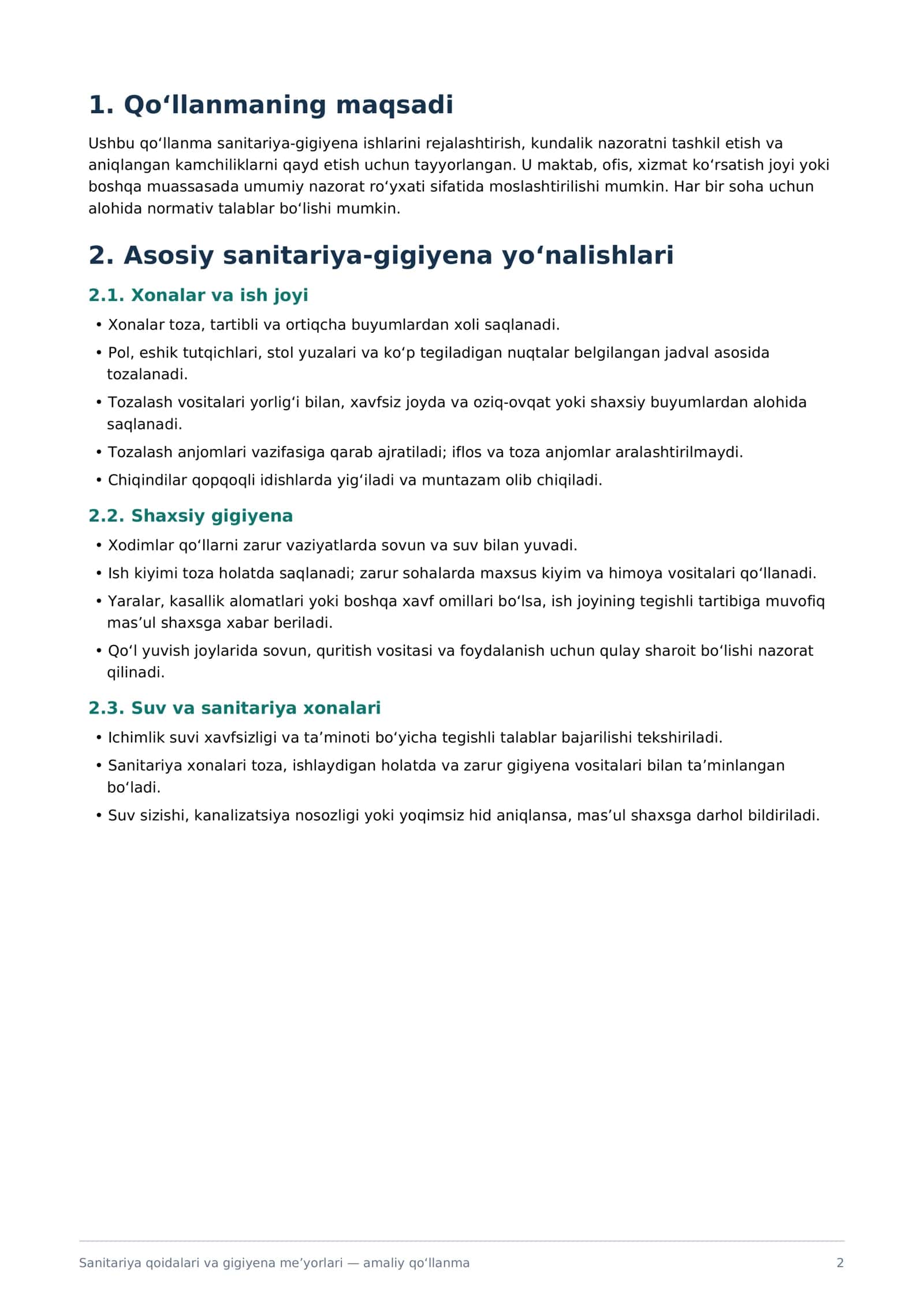 Sanitariya qoidalari va gigiyena me’yorlari 2