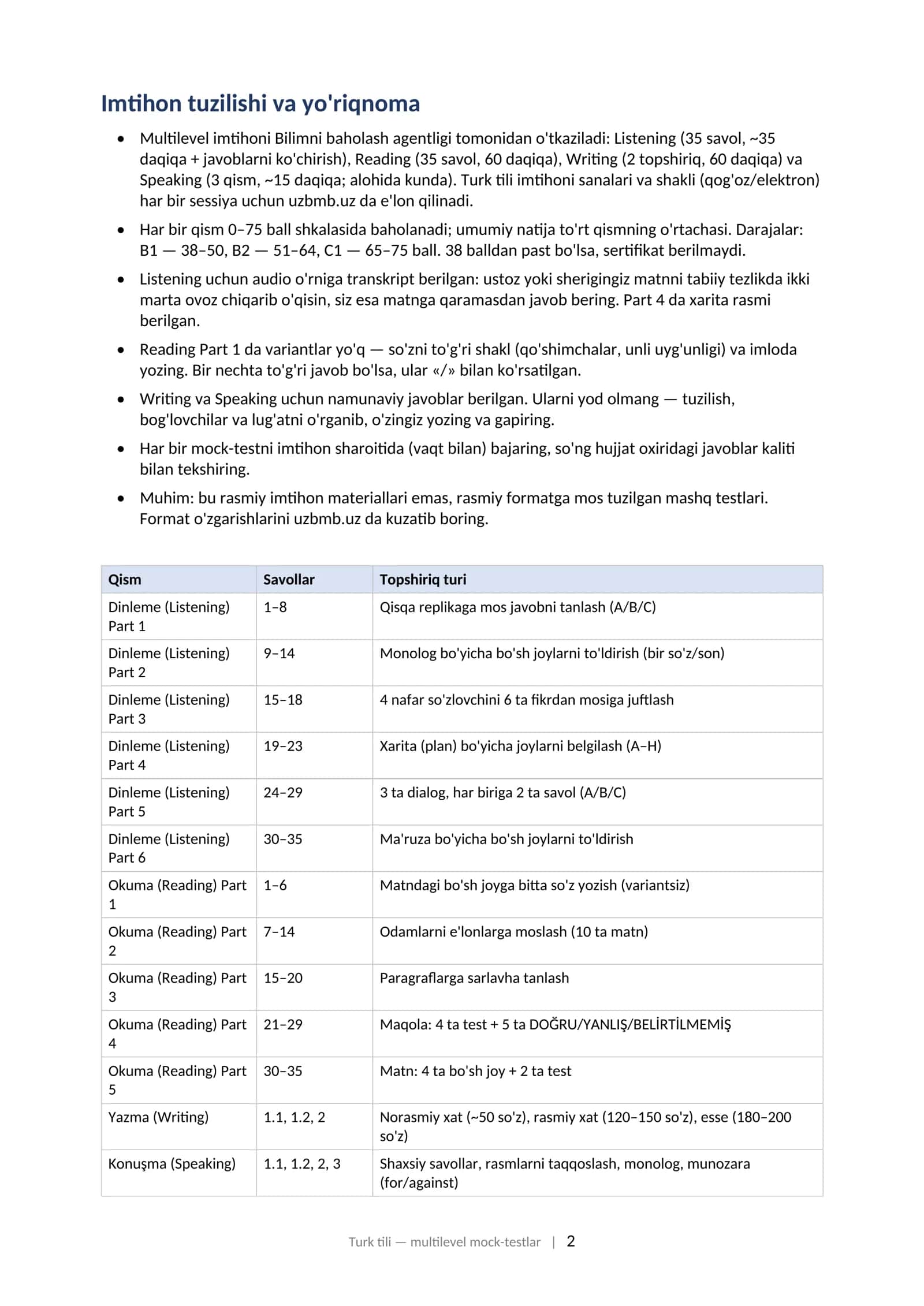 TURK TILI (TÜRKÇE) Multilevel (CEFR) milliy sertifikat imtihoniga tayyorgarlik: mock-testlar to'plami (2025–2026) 2