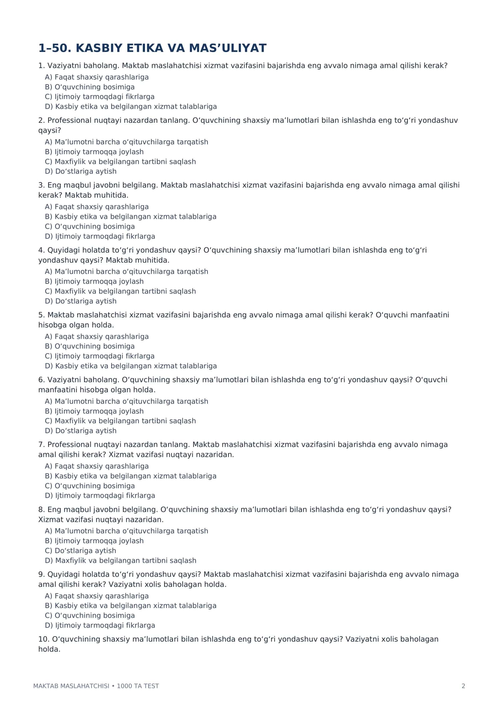 Maktab Maslahatchisi 1000+ Test | Psixologik va Vaziyatli Savollar | Javoblar Kaliti | PDF 2