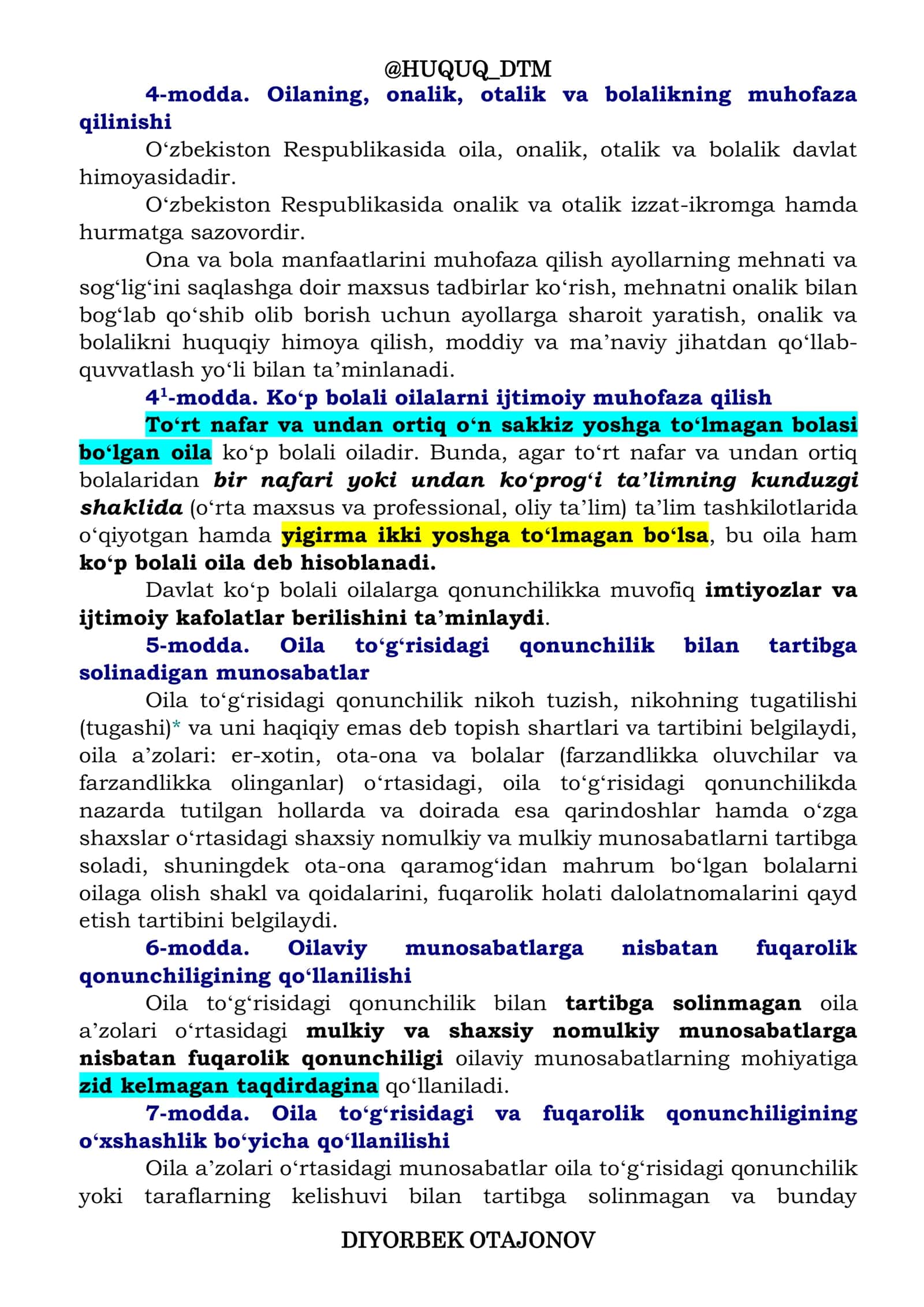 Oʻzbekiston Respublikasining Oila Kodeksi I Boʻlim 2