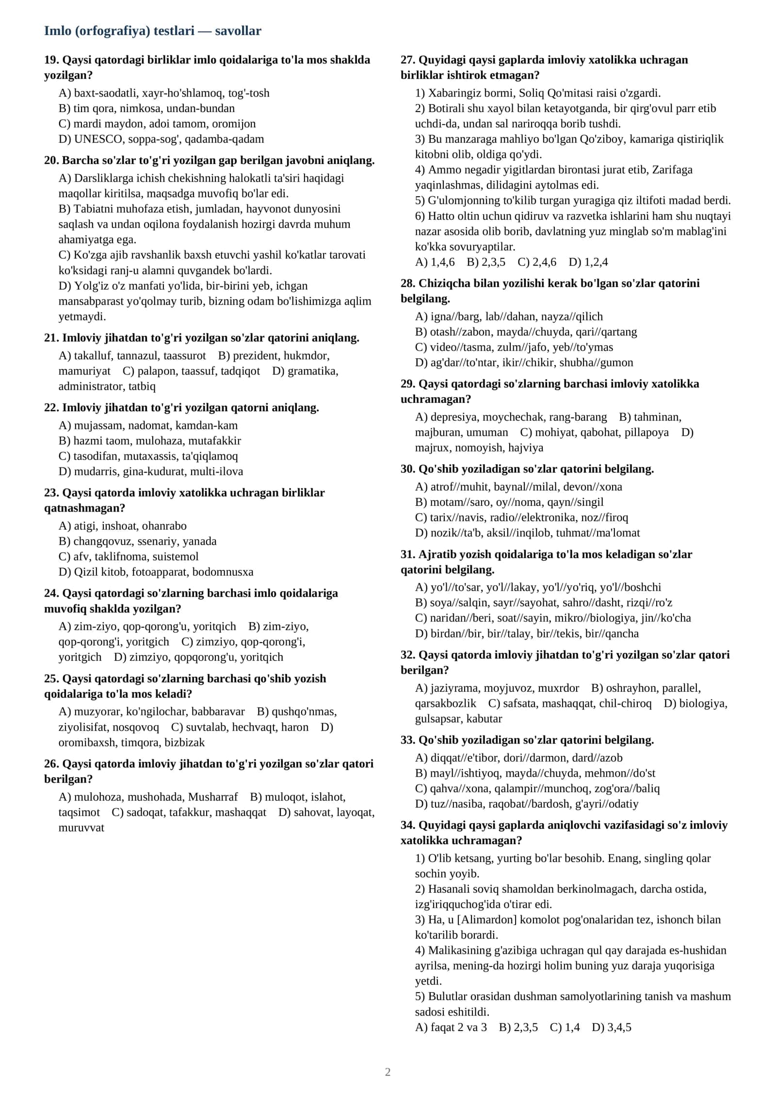 Imlo (orfografiya) testlari — savollar 2