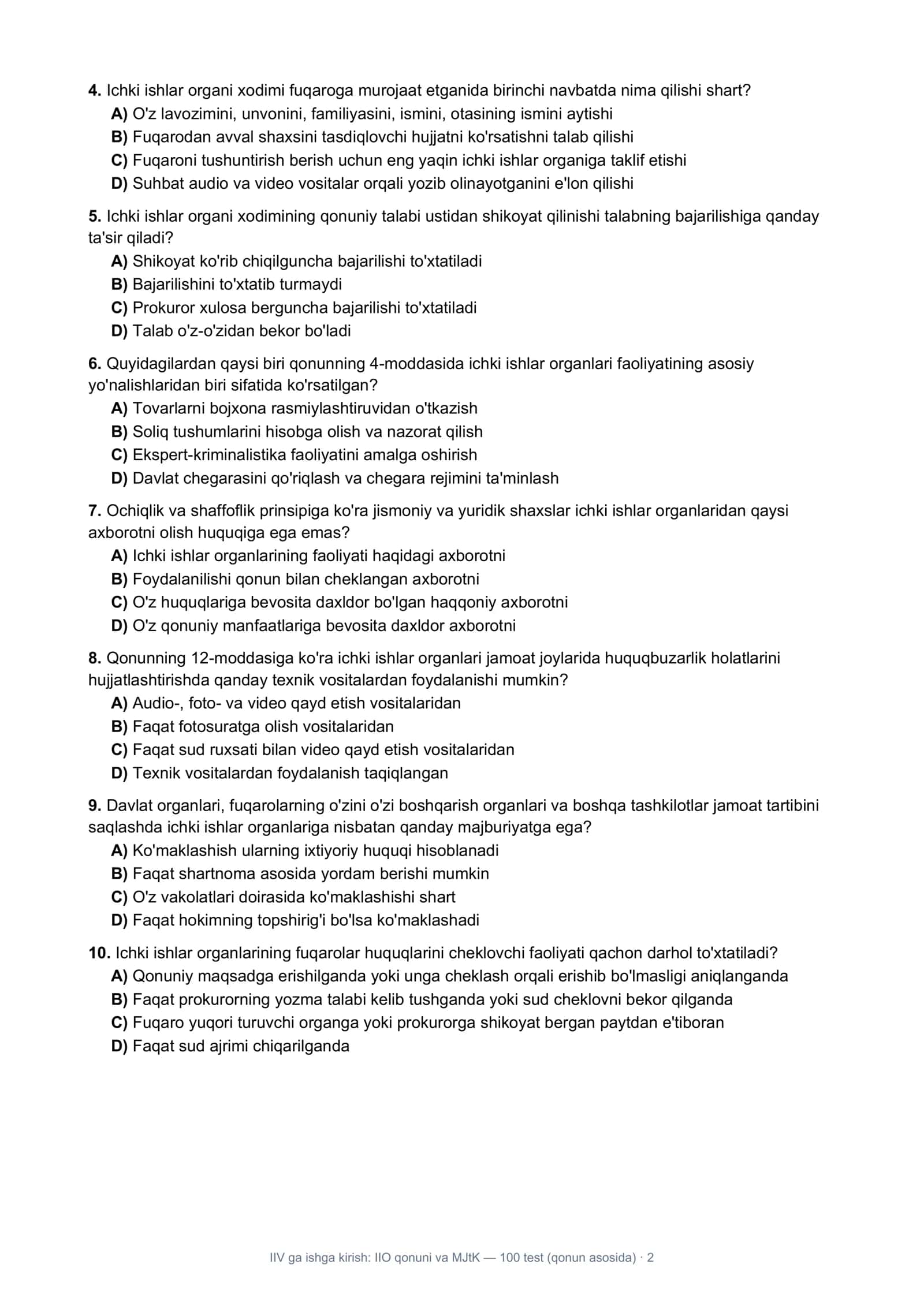 IIV ga ishga kirish: “Ichki ishlar organlari to'g'risida”gi qonun va MJtK asoslari — 100 ta test (qonun asosida) 2