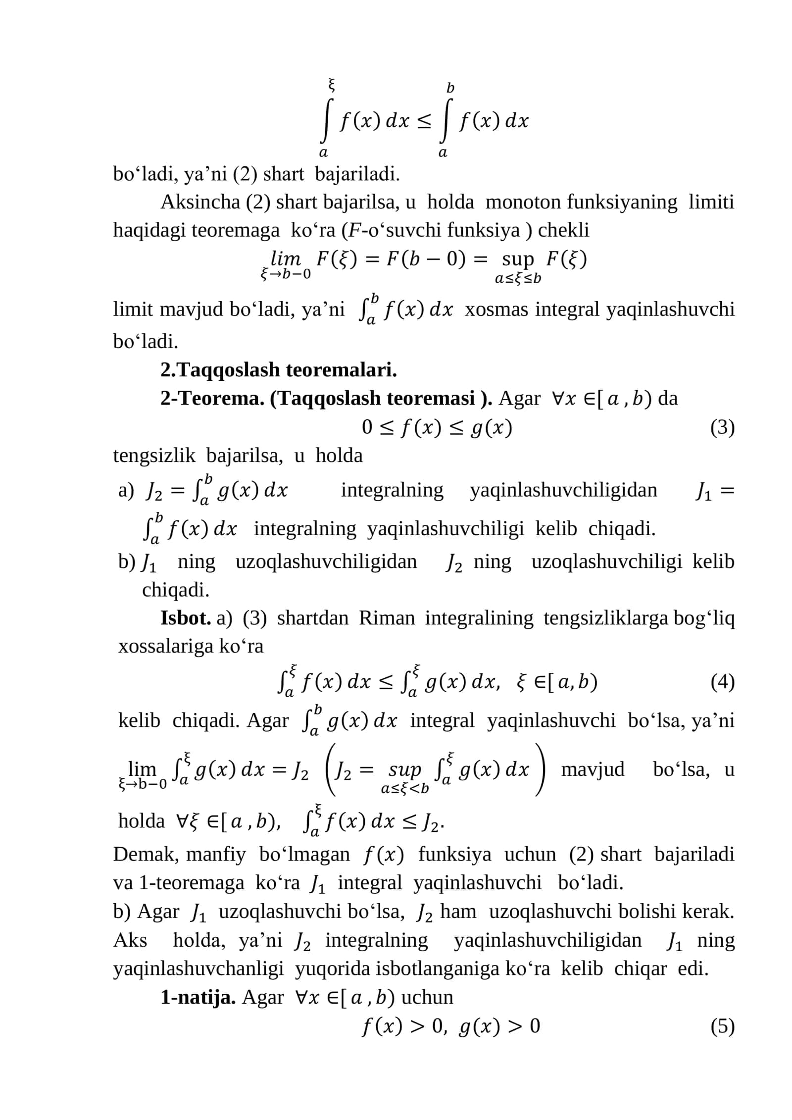 Manfiy bo‘lmagan funksiyalardan olingan xosmas integrallar 2
