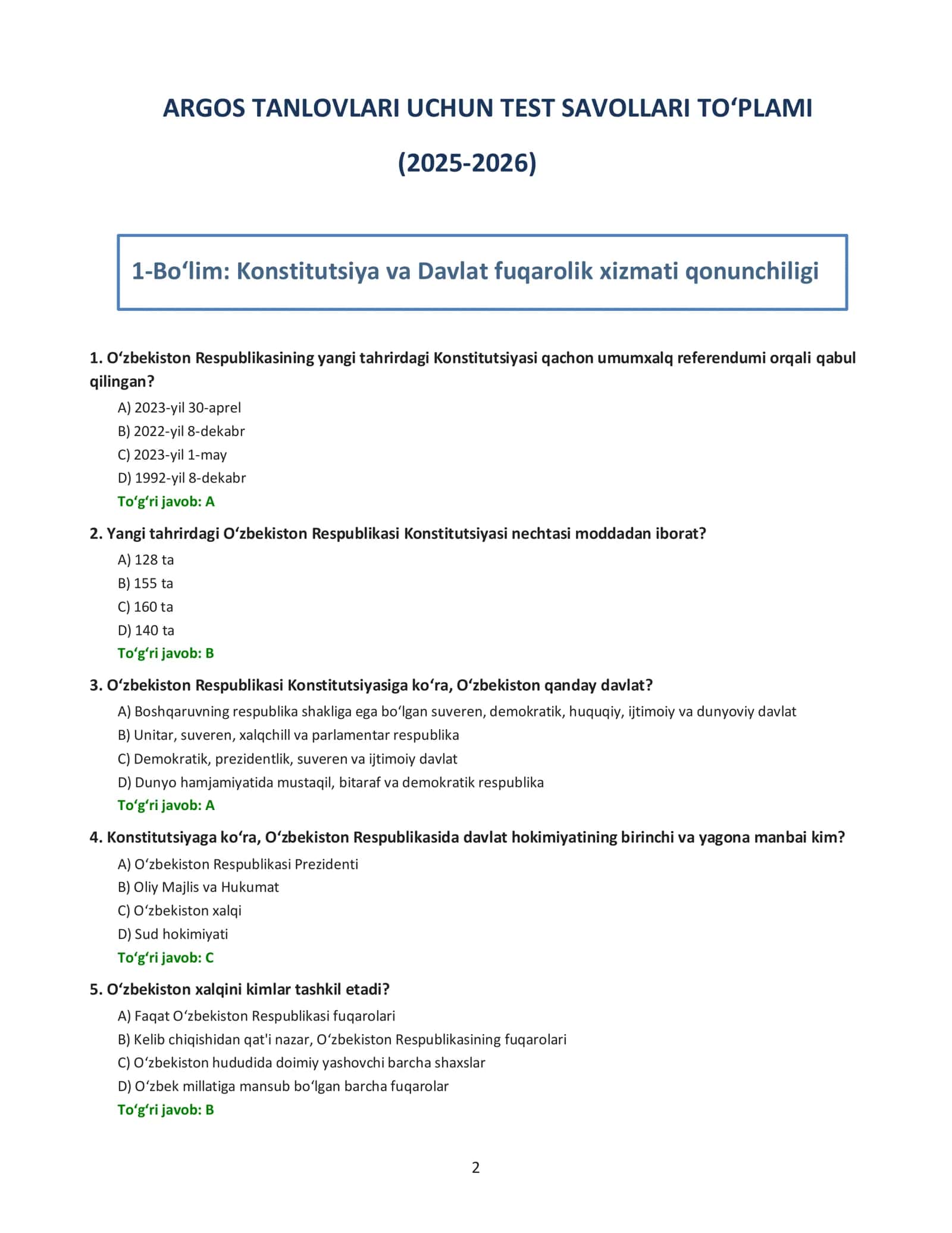 📚 ARGOS testlari  —  2026 YANGI NASHR  | 1000+ savollar va javoblar 2