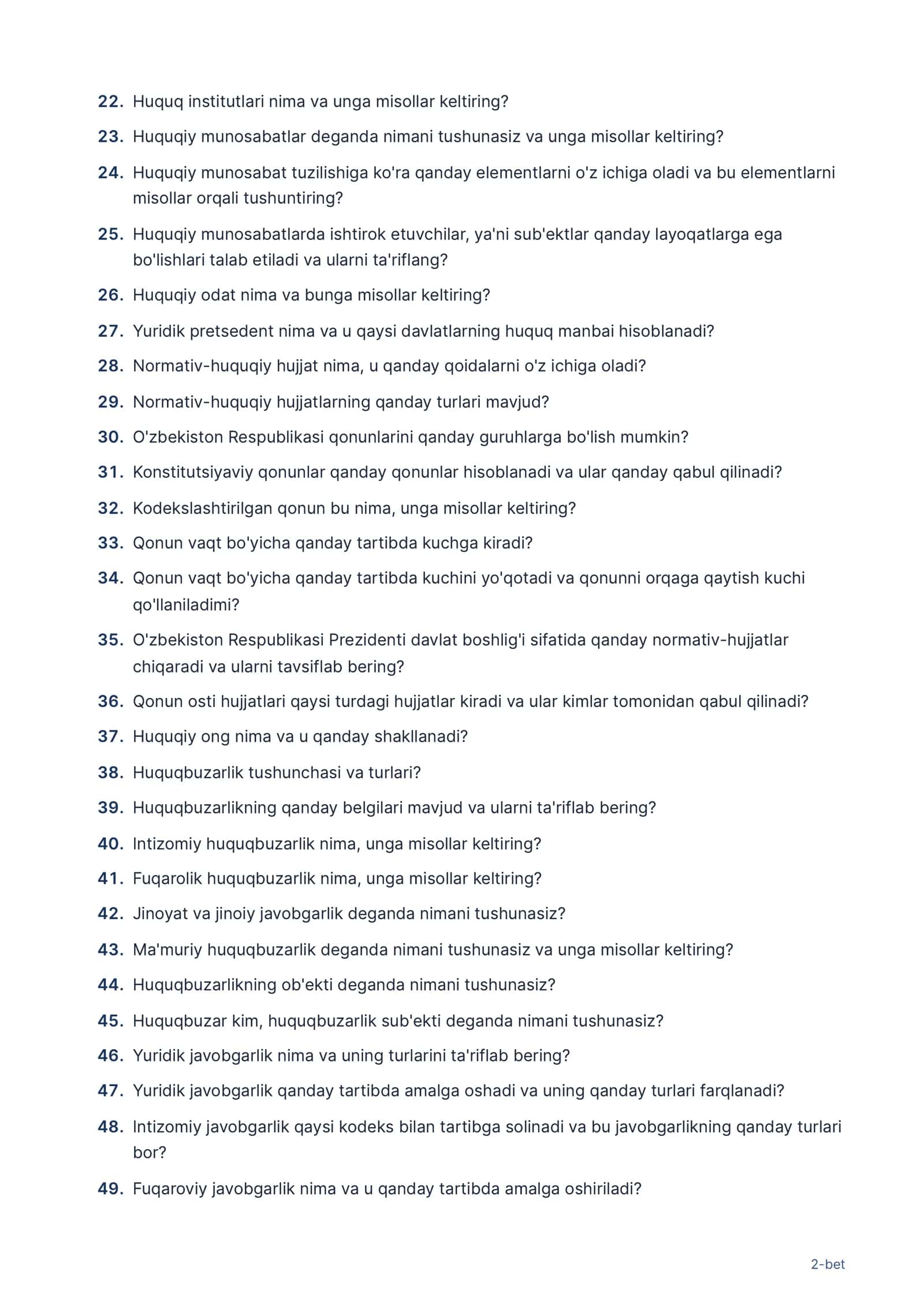 Safdorlar uchun huquqshunoslik fanidan savollar 2
