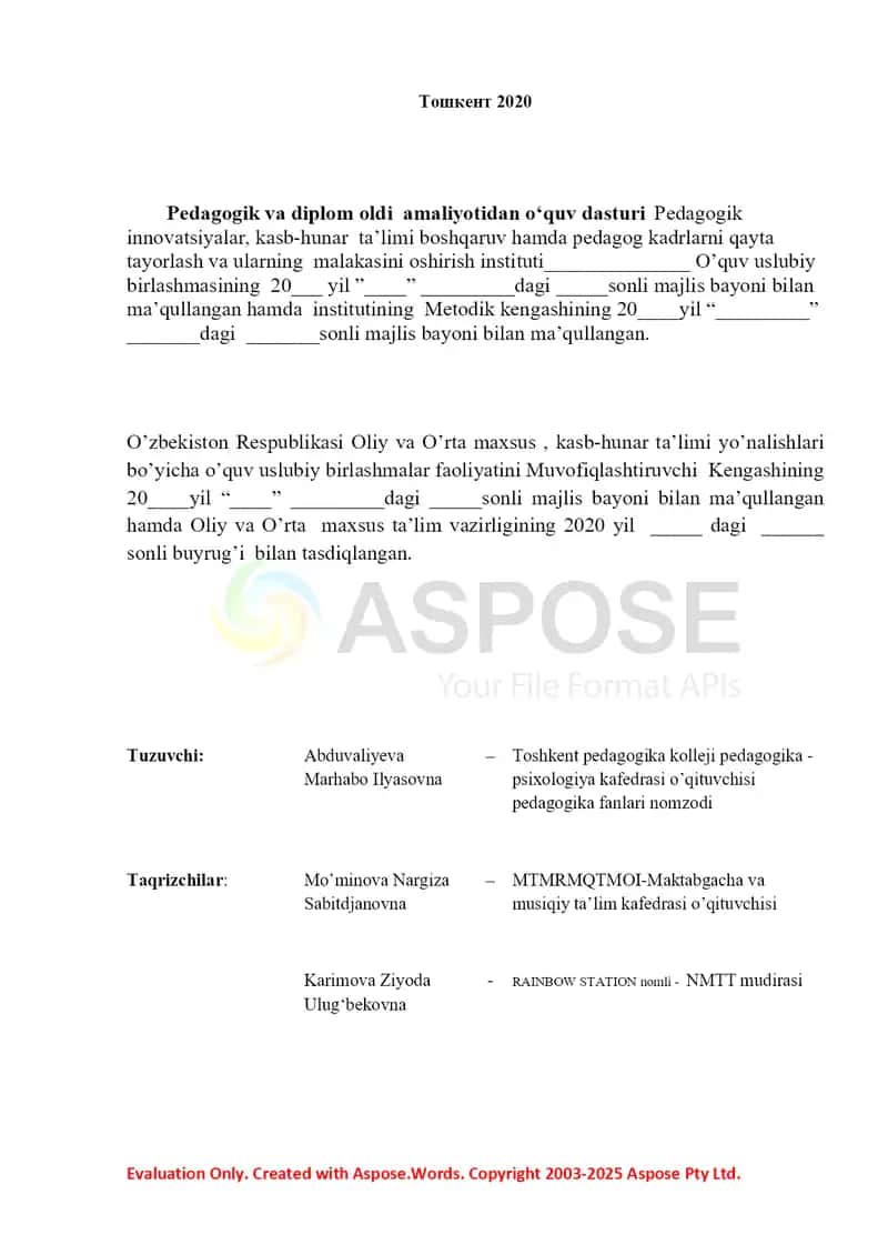 Pedagogik va diplom oldi amaliyot o‘quv dasturi 2
