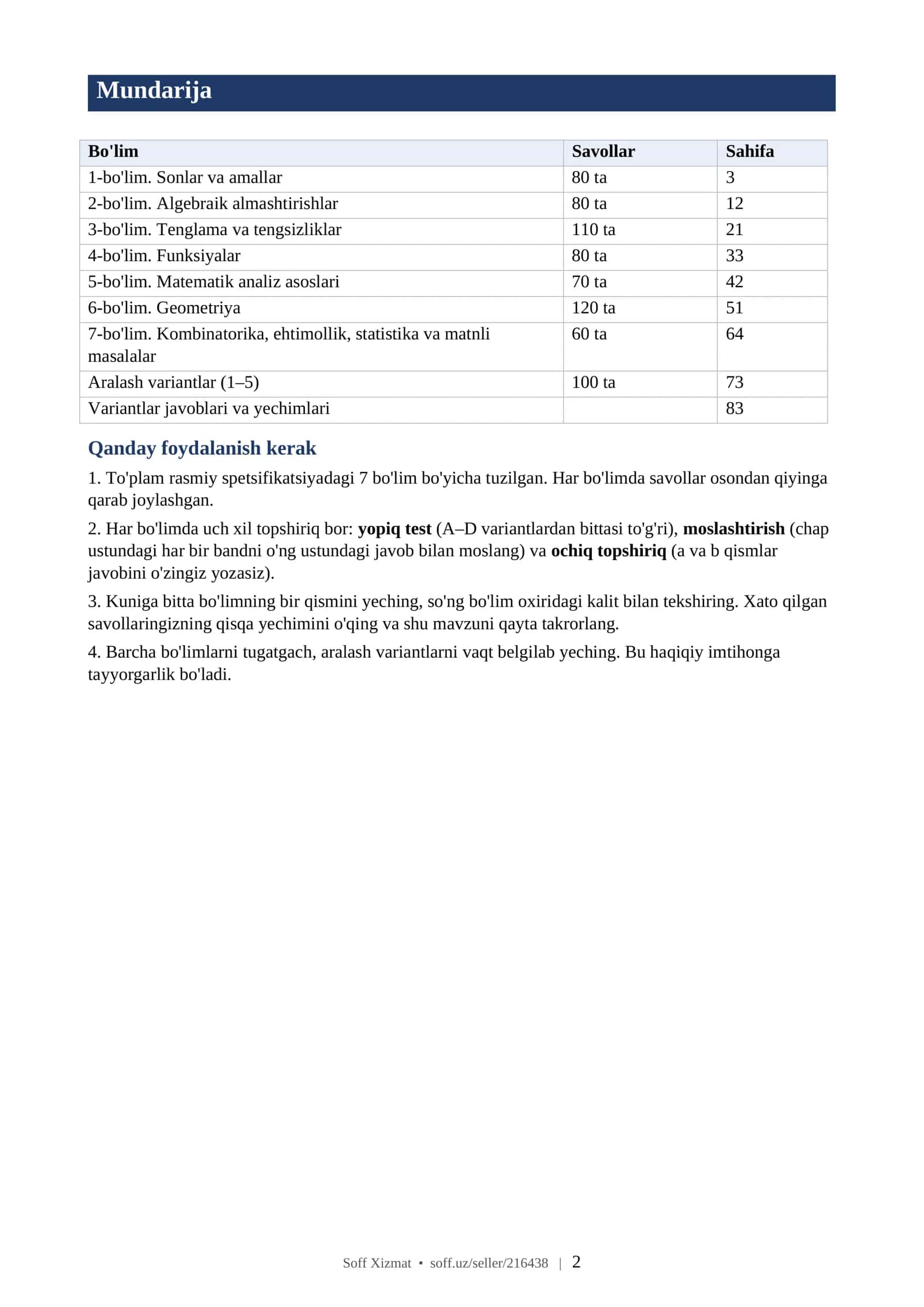 Matematika Milliy sertifikat va DTM 2026: 700 ta test, javoblar va yechimlar bilan 2