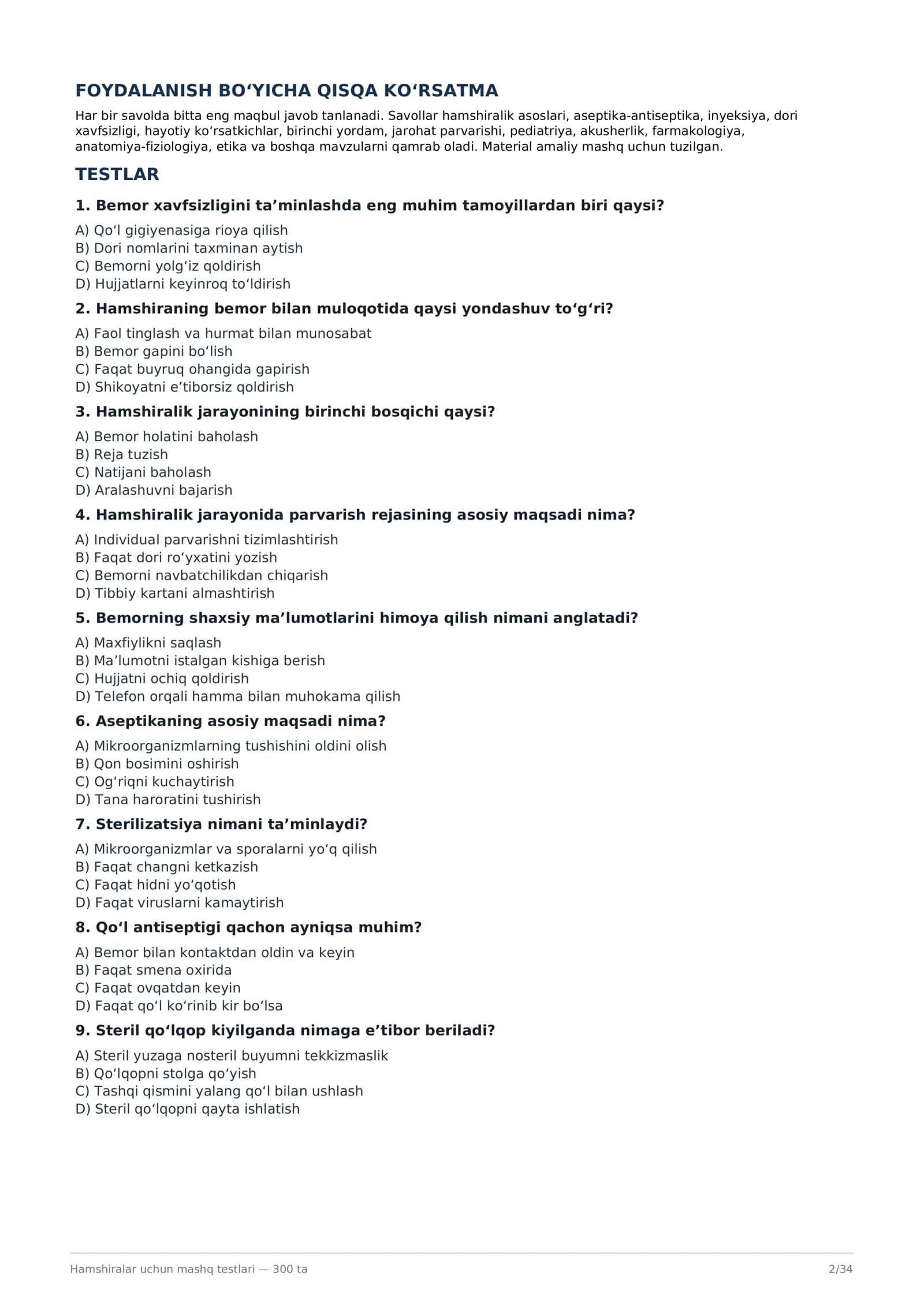 Argos hamshiralik ishi test 2026 2
