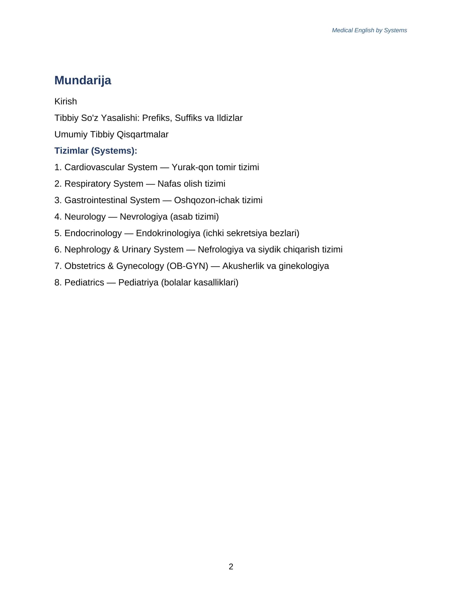 MEDICAL ENGLISH BY SYSTEMS 2
