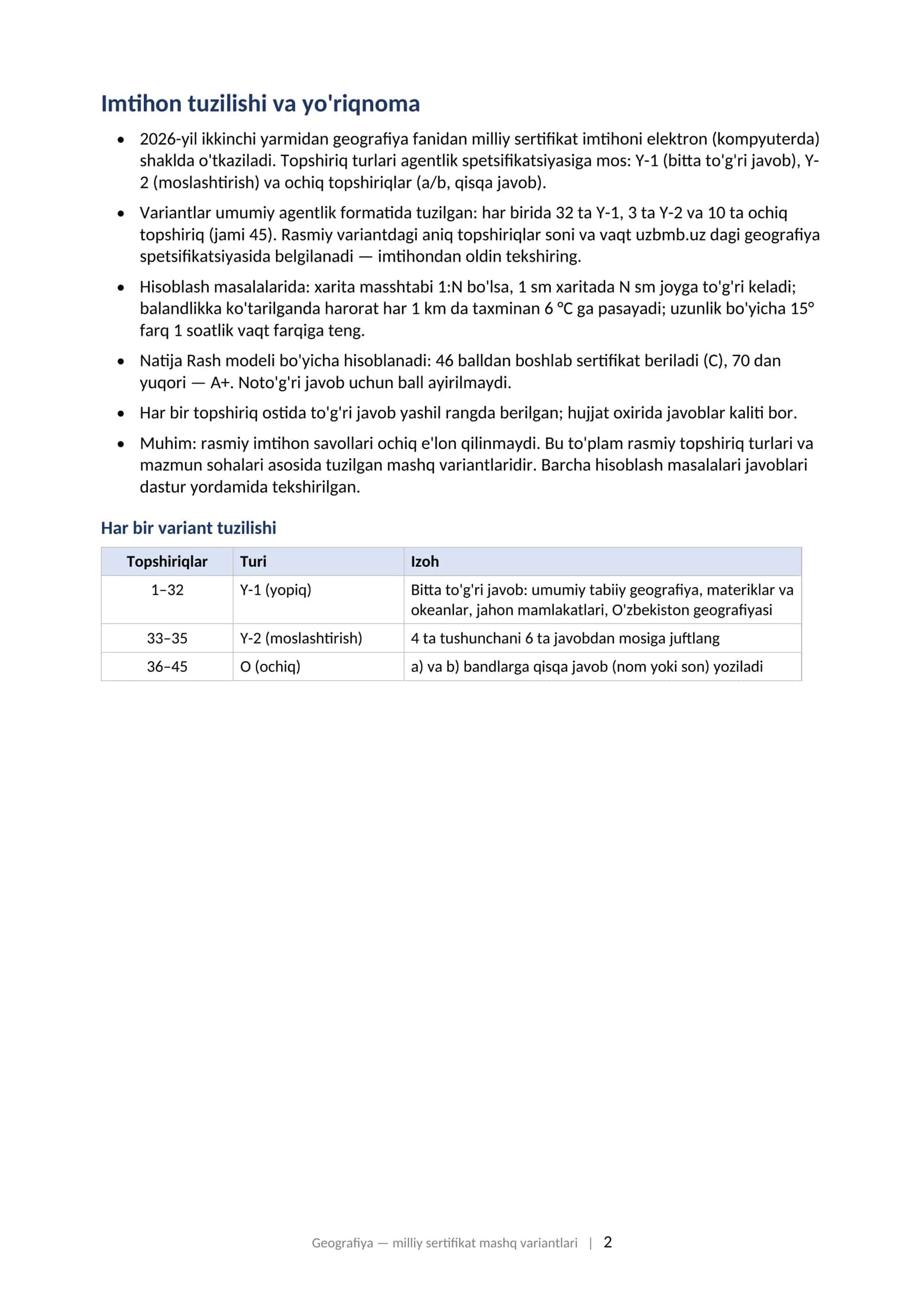 GEOGRAFIYA Milliy sertifikat imtihoniga tayyorgarlik: variantlar to'plami (2025–2026) 2