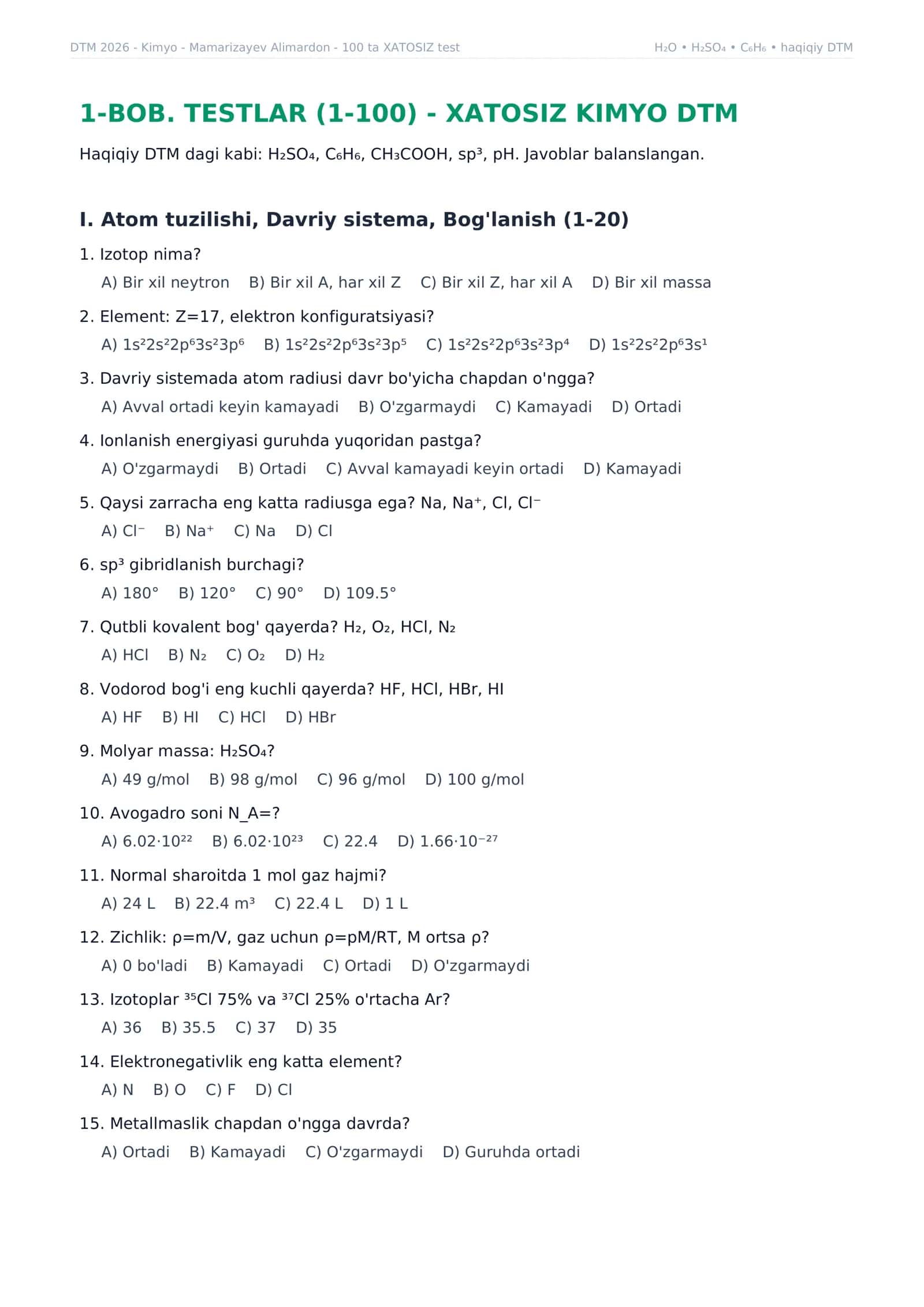 Kimyo DTM va Milliy sertifikat savollari 2