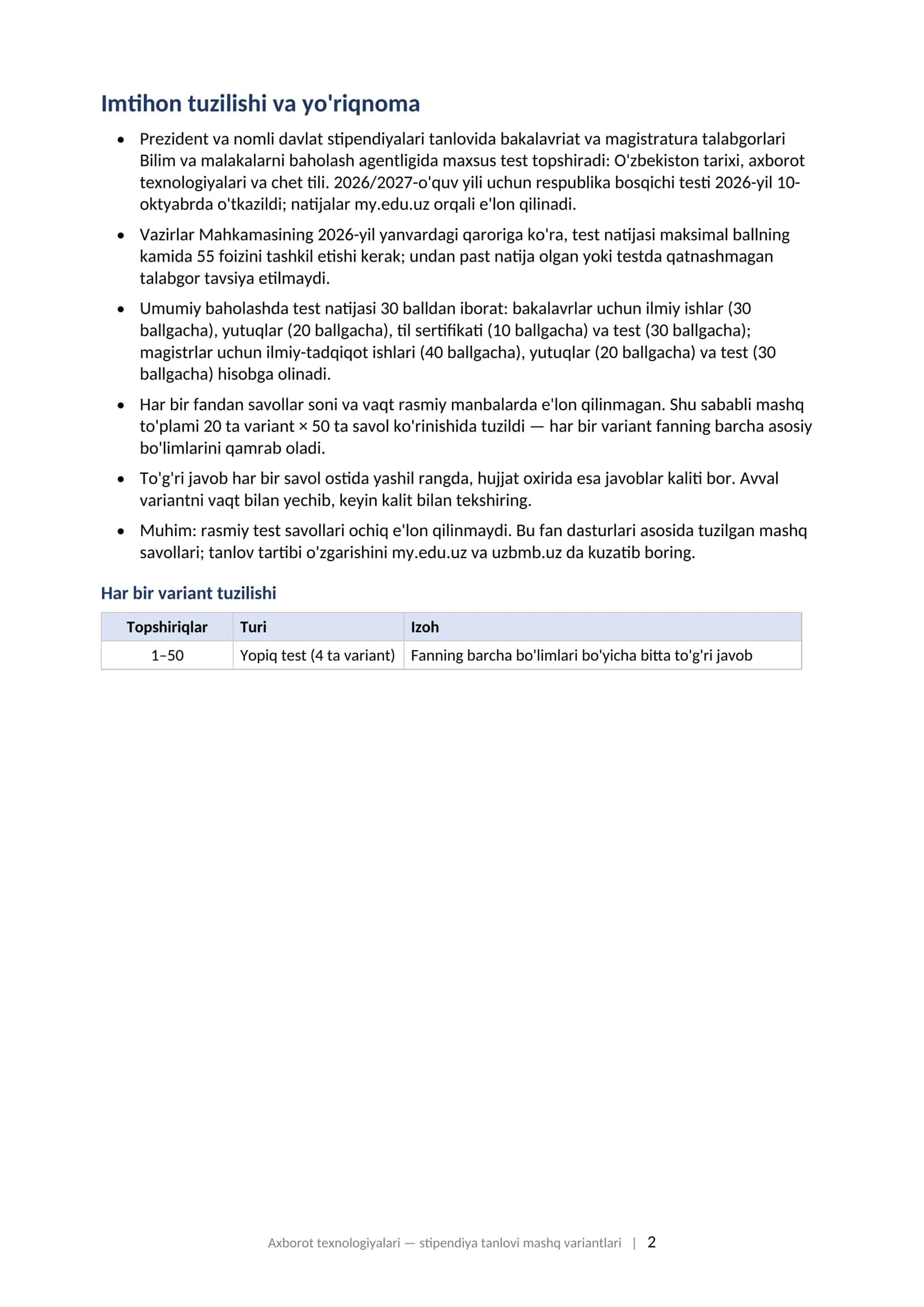 AXBOROT TEXNOLOGIYALARI Prezident va nomli davlat stipendiyalari tanlovi testiga tayyorgarlik: variantlar to'plami (2026–2027) 2