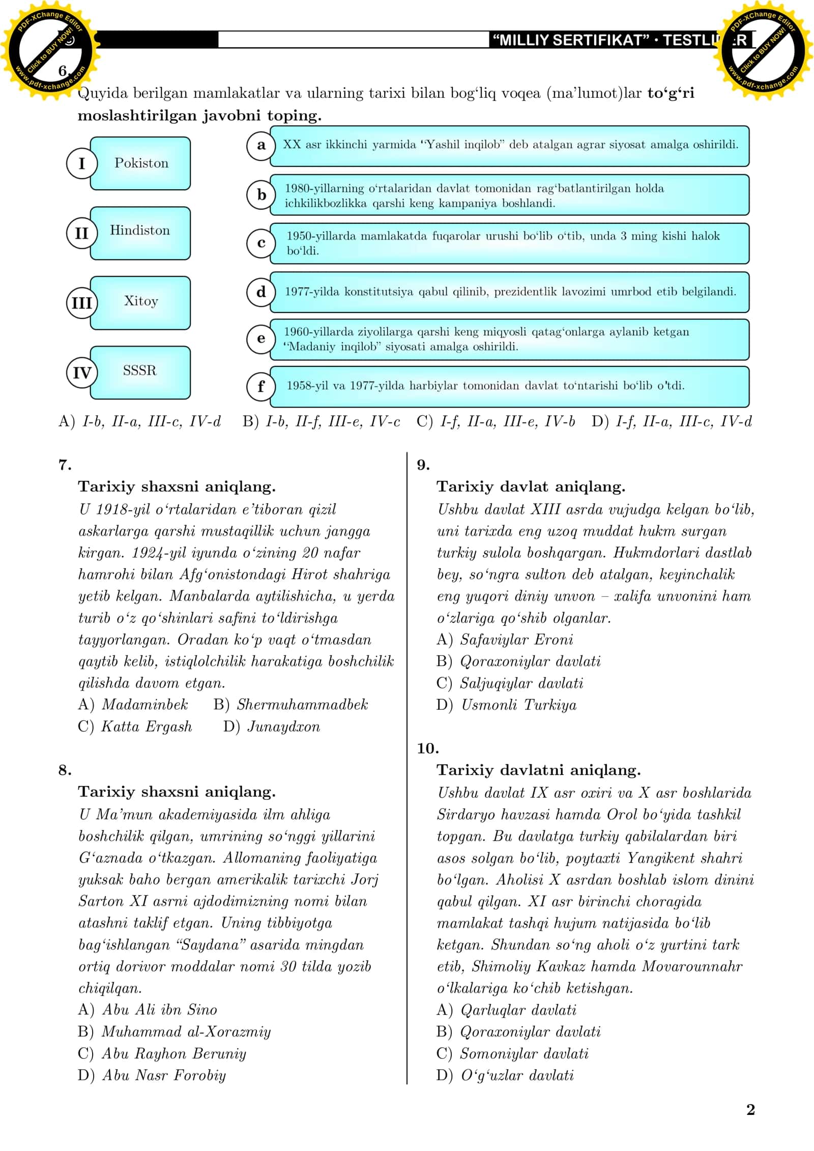 TARIX (“MILLIY SERTIFIKAT” DIAGNOSTIK TESTI) 2