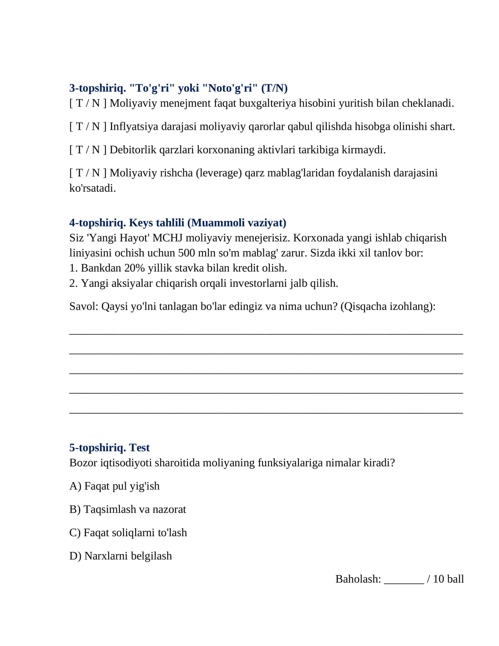 Bozor iqtisodiyotida moliyalar 2