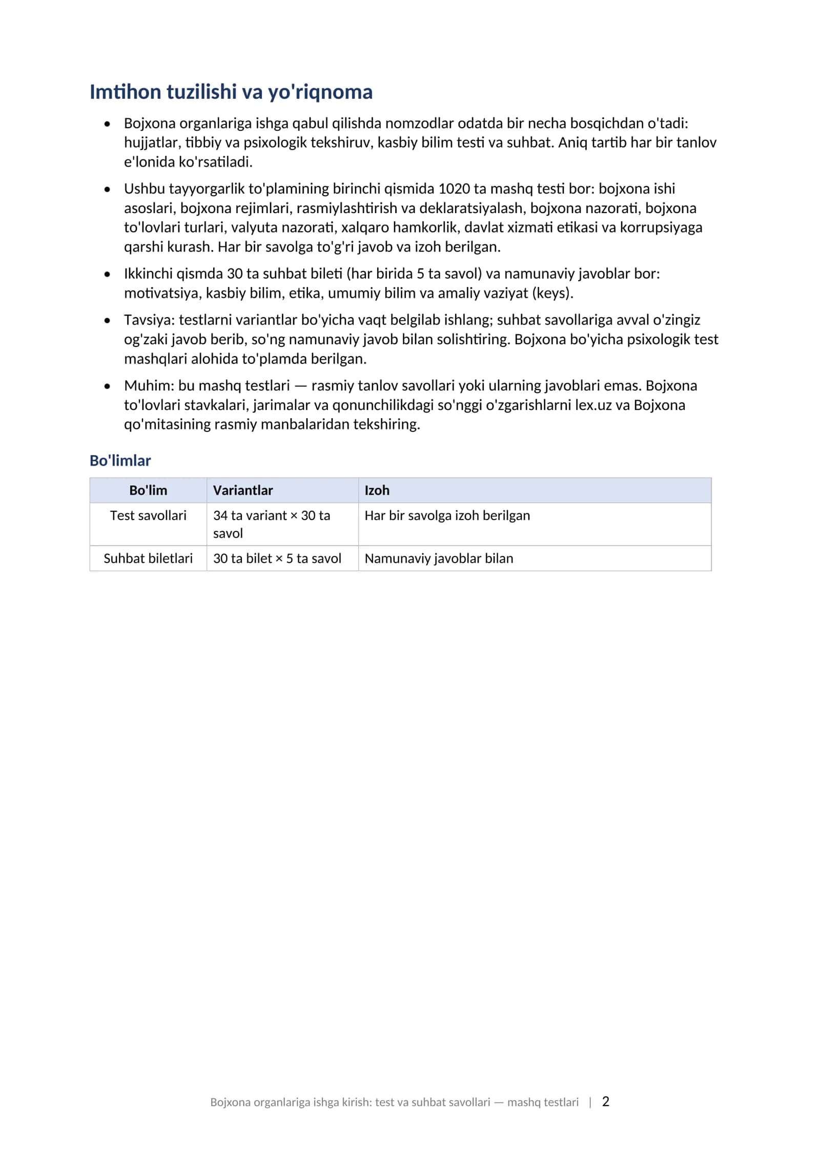 Bojxona ishga kirish test savollari 2026 javoblari bilan va suhbat savollari tayyorgarlik toplami.  BOJXONA ORGANLARIGA ISHGA KIRISH: TEST VA SUHBAT SAVOLLARI Tayyorgarlik to'plami: 1020 ta mashq testi (javoblari va izohlari bilan) + 30 ta suhbat bileti namunaviy javoblari bilan, 2026 2