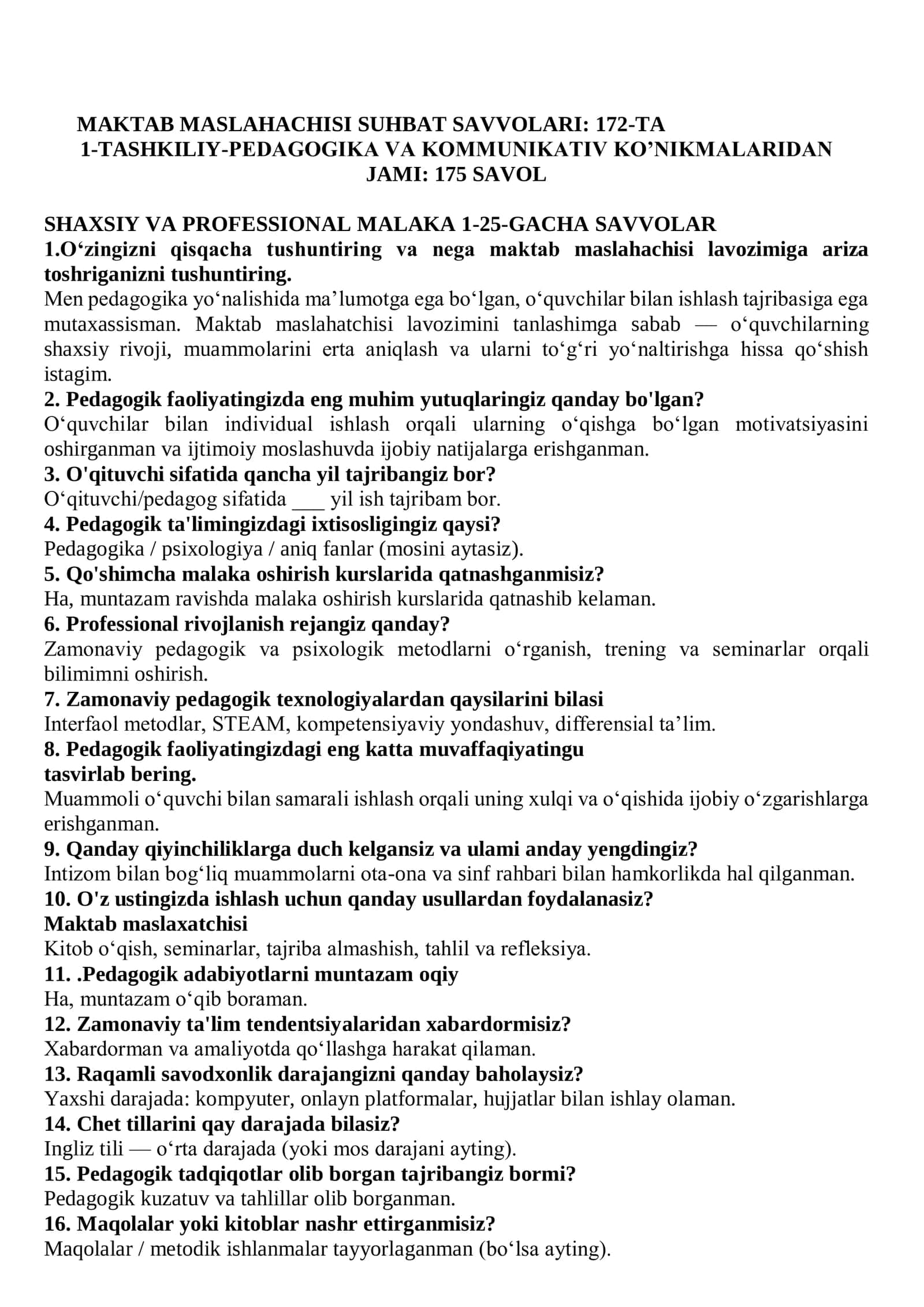 MAKTAB MASLAHACHISI SUHBAT SAVVOLARI: 172-TA 2