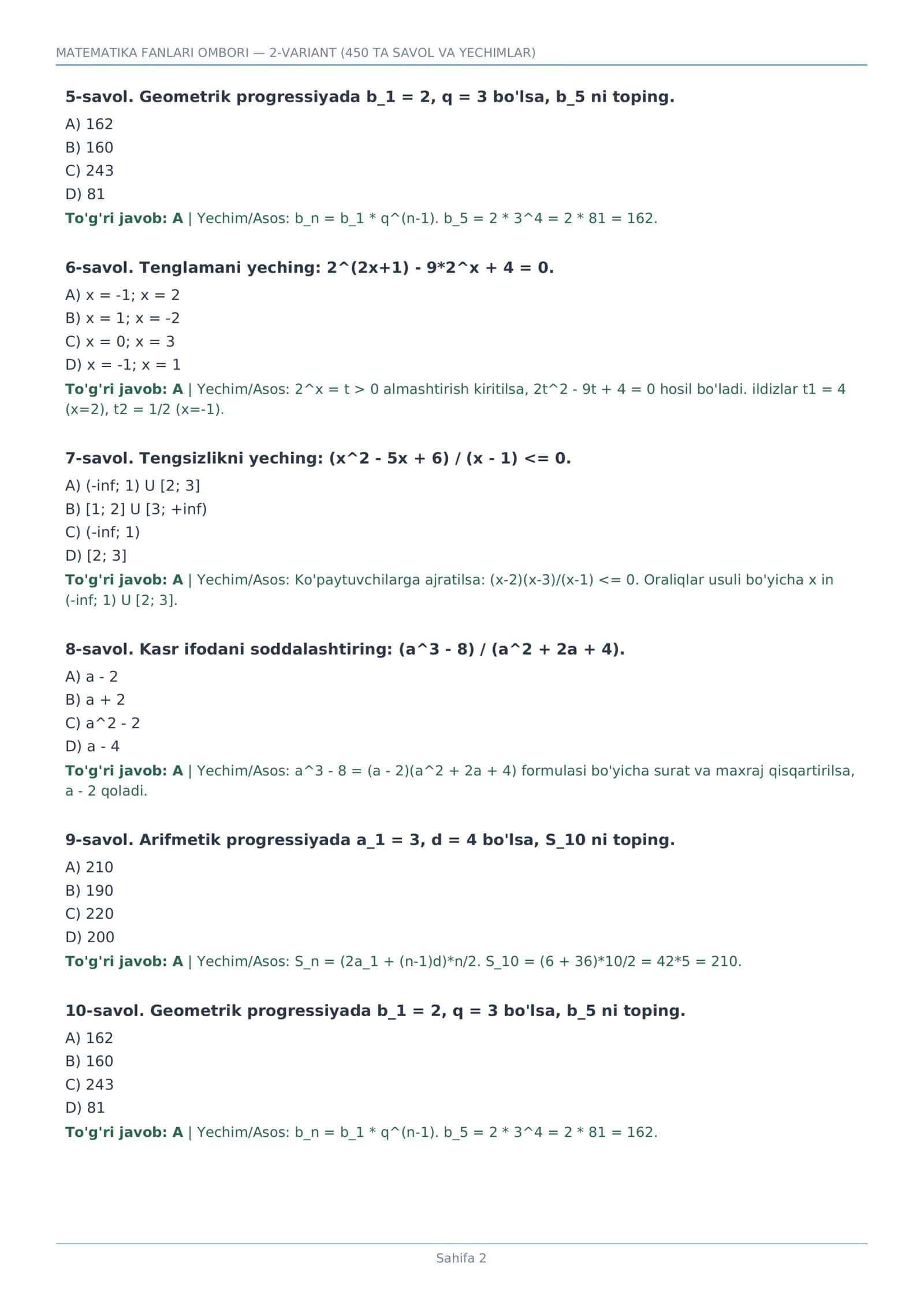MATEMATIKA FANLARI OMBORI — 2-VARIANT (450 TA SAVOL VA YECHIMLAR) 2