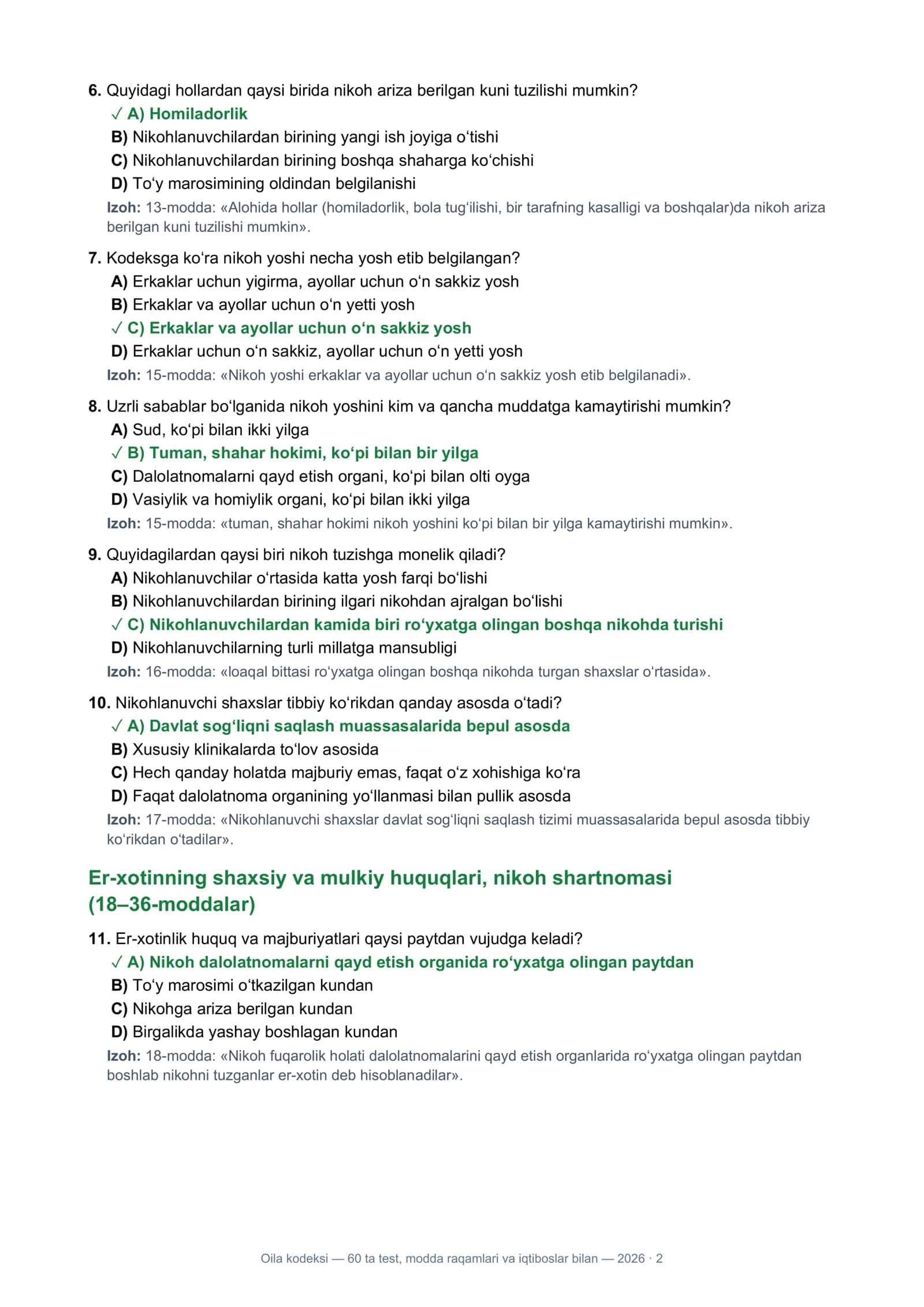 Oila kodeksi — 60 ta test, modda raqamlari va iqtiboslar bilan — 2026 · 1 2