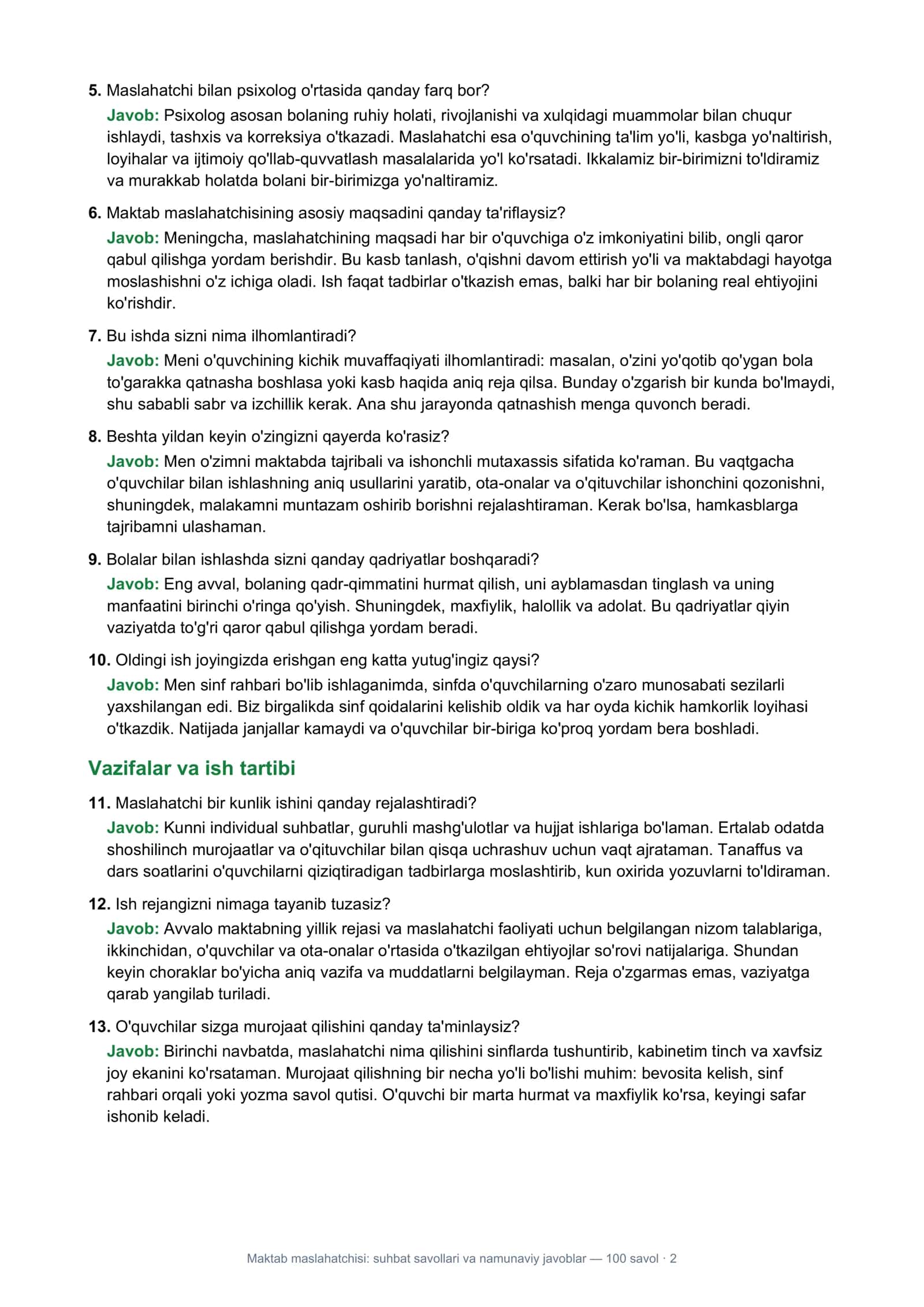 Maktab maslahatchisi: suhbat savollari va namunaviy javoblar — 100 savol 2
