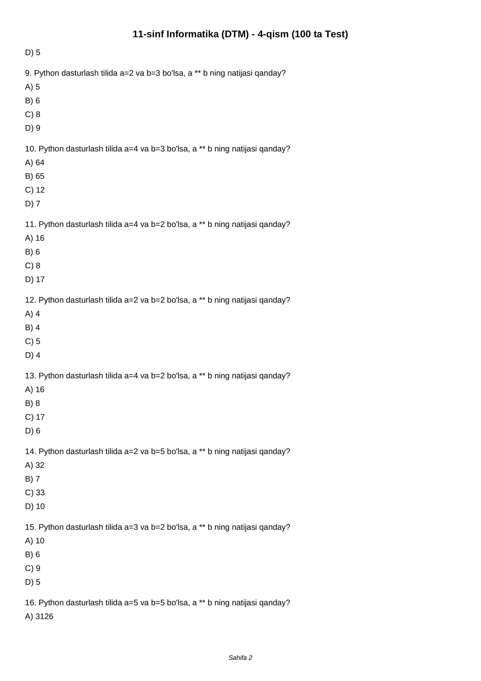 11-sinf Informatika (DTM) - 4-qism (100 ta Test) 2