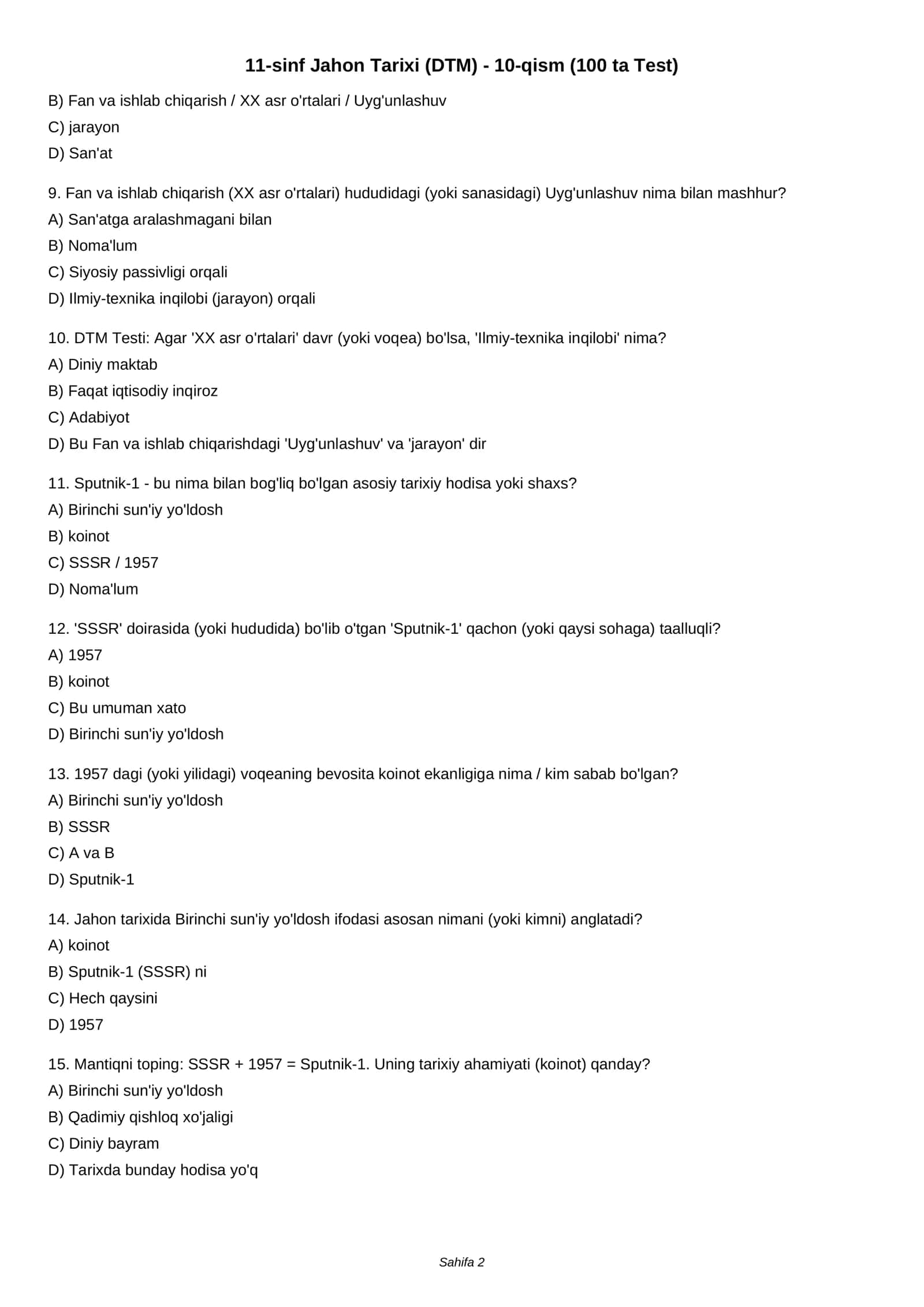 11-sinf Jahon Tarixi (DTM) - 10-qism (100 ta Test) 2