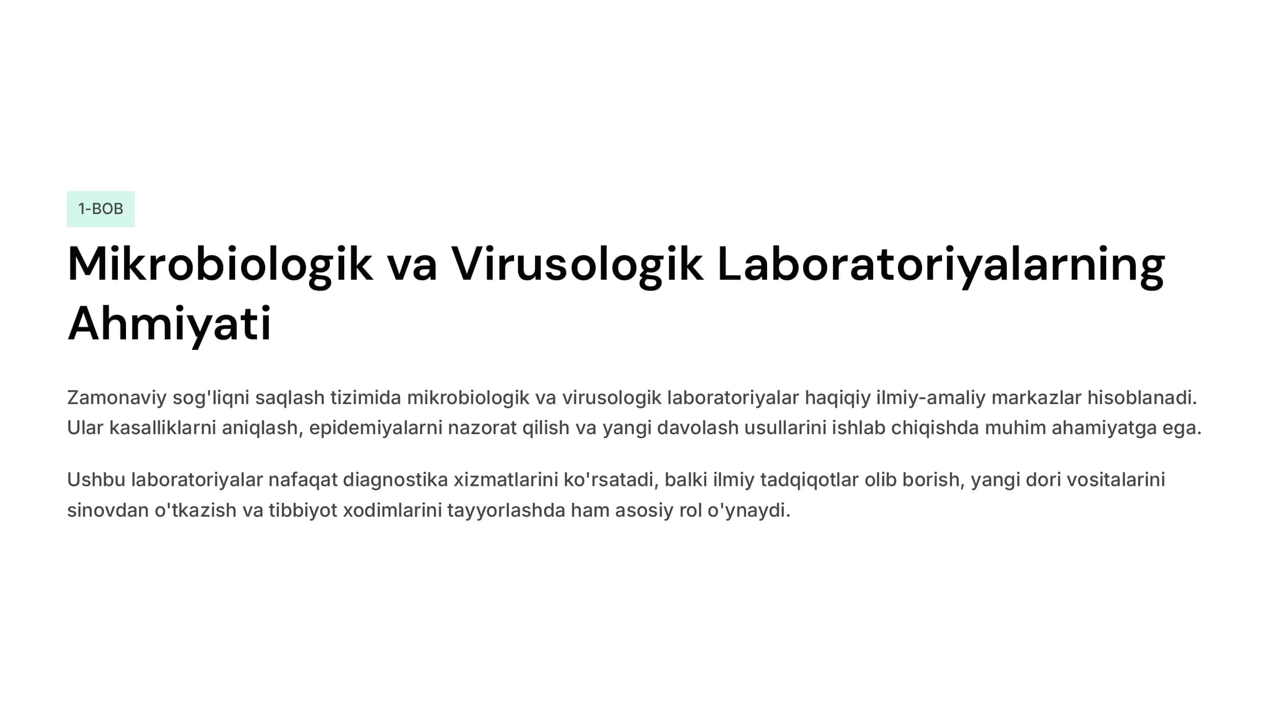 Mikrobiologik,  virusologik  laboratoriyalar va  ularni jihozlanishi. Laboratoriyalarda  ishlash tartibi va  qoidalari.  Bakteriyalarni  morfologiyasi. Ularning  tekshirish usullari. 2