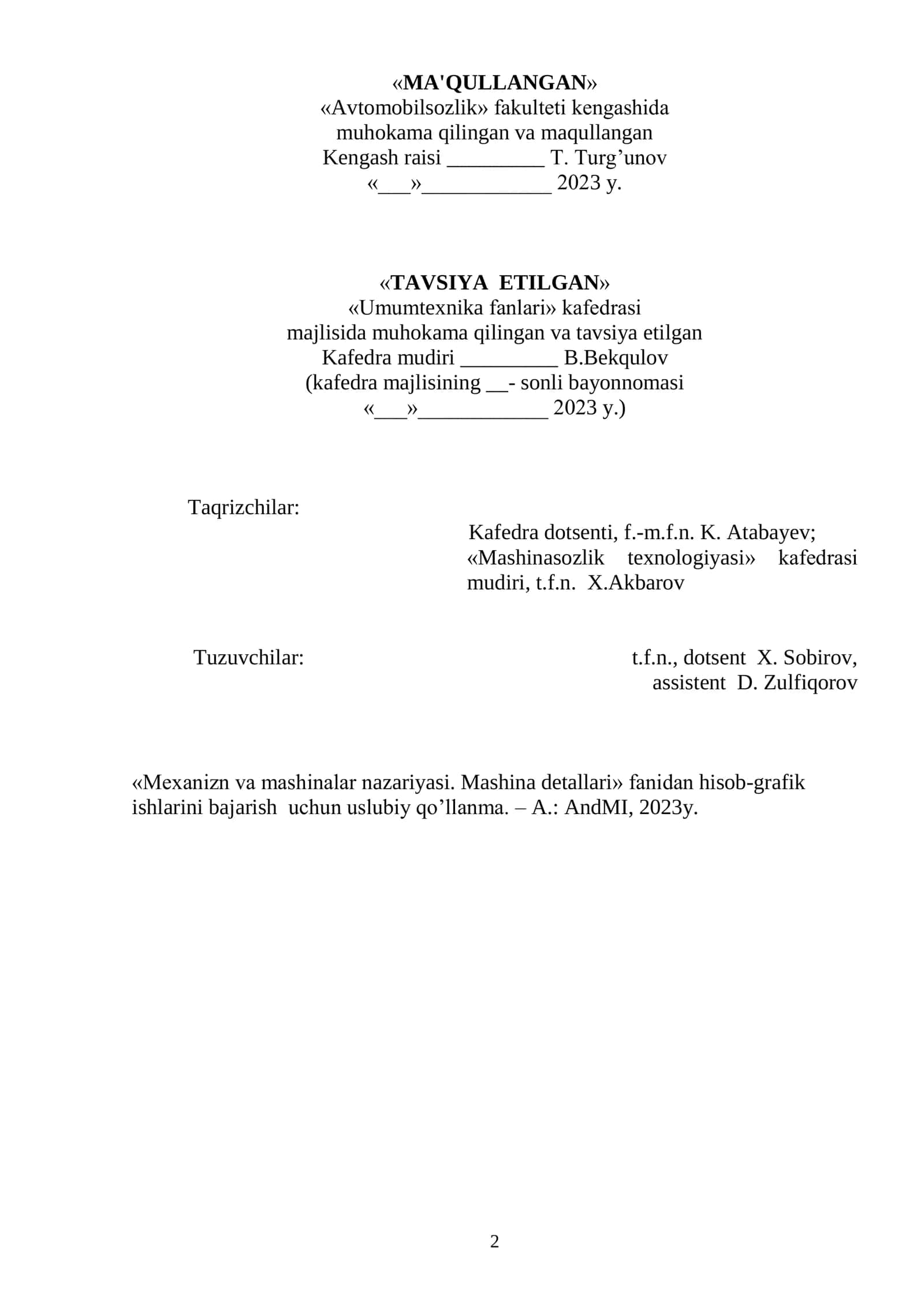 Mashina detallari hisob-grafik ishlarini bajarish uchun uslubiy qo'llanma 2