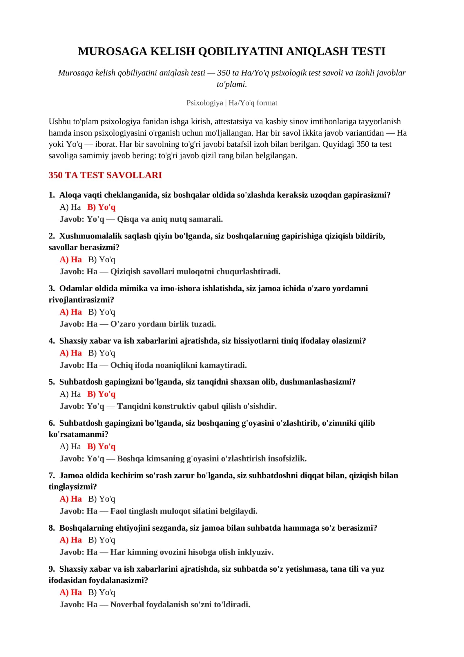 MUROSAGA KELISH QOBILIYATINI ANIQLASH TESTI 2