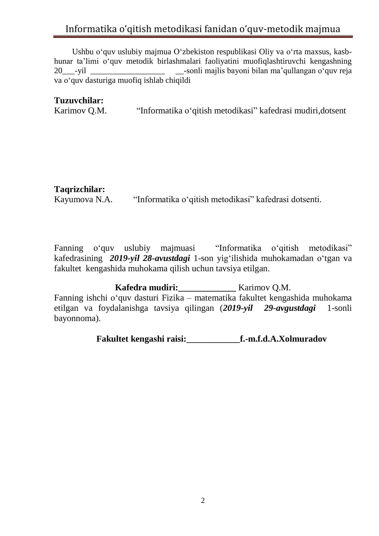 Informatika o‘qitish metodikasi fanidan o‘quv-metodik majmua 2