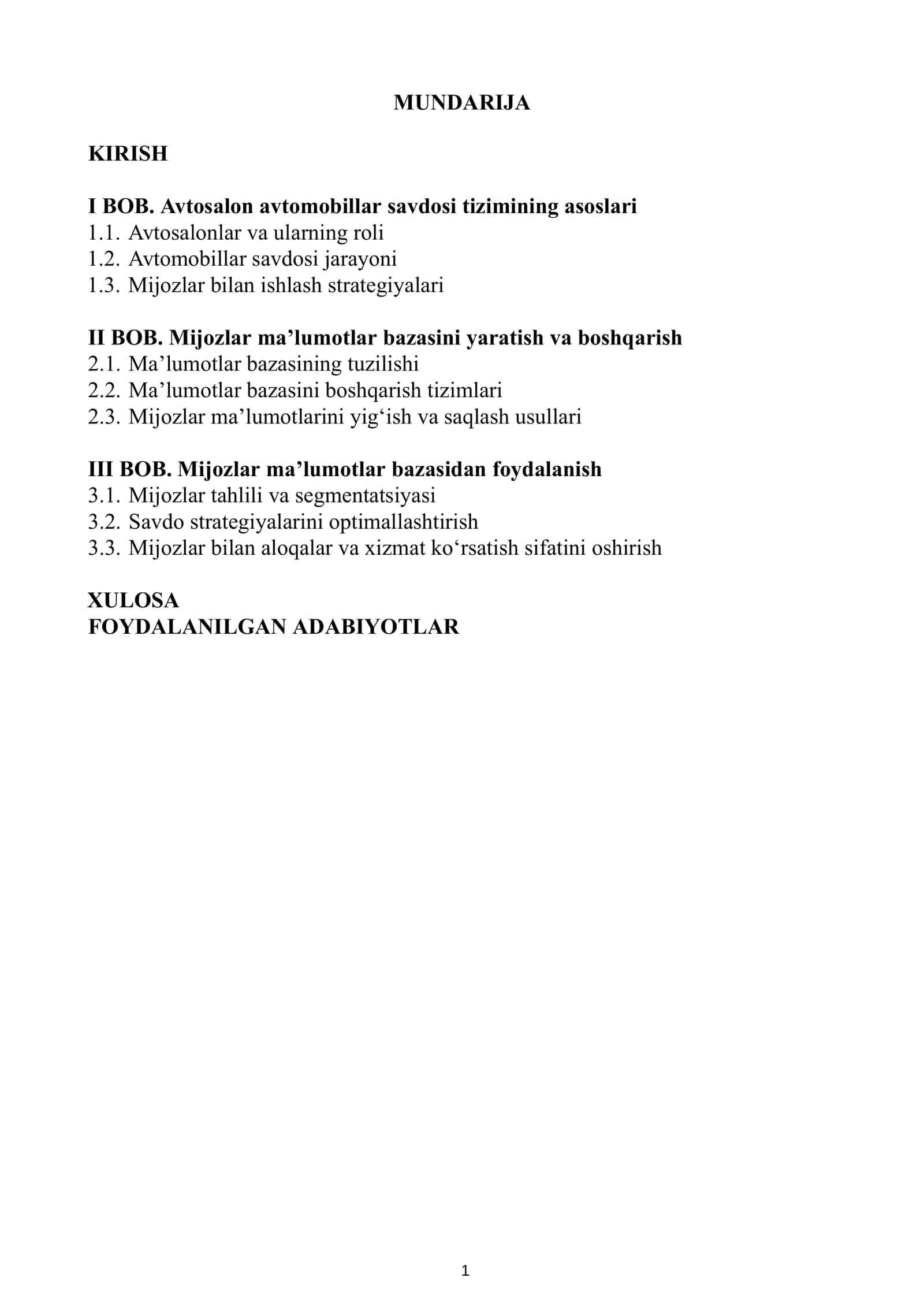 KURS ISHI: Avtosalon avtomobillar savdosi va mijozlar ma’lumotlar bazasi 2