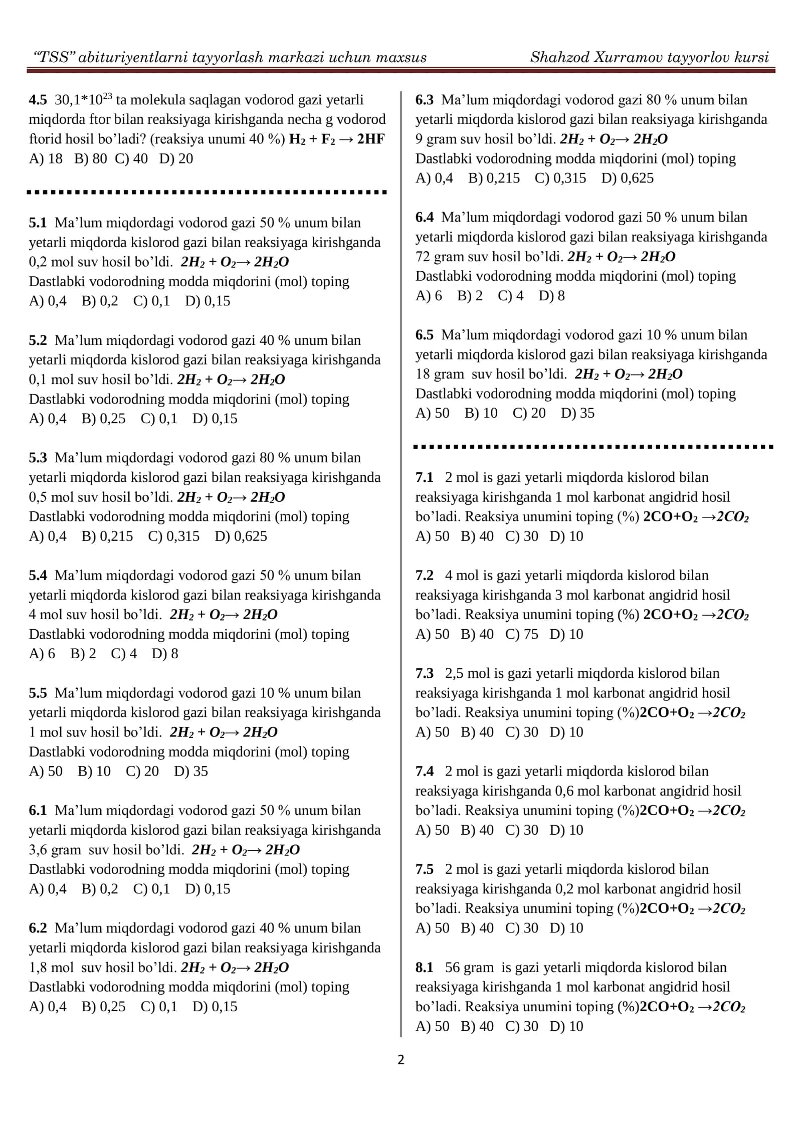 Kimyodan maxsus masalalar to'plami DTM FORMATIDA KALITI bilan 2