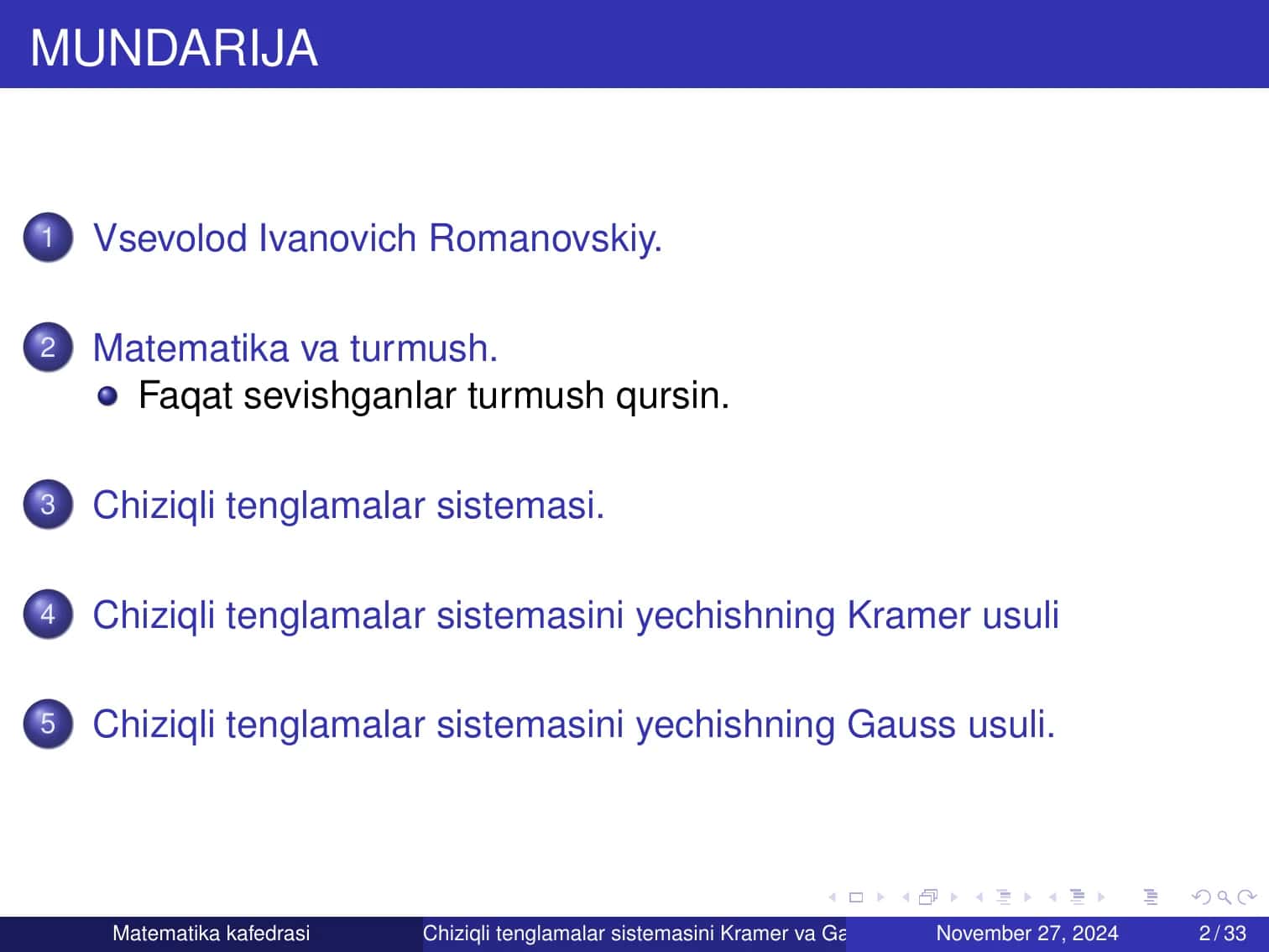 Chiziqli tenglamalar sistemasini Kramer va Gauss usulida yechish 2