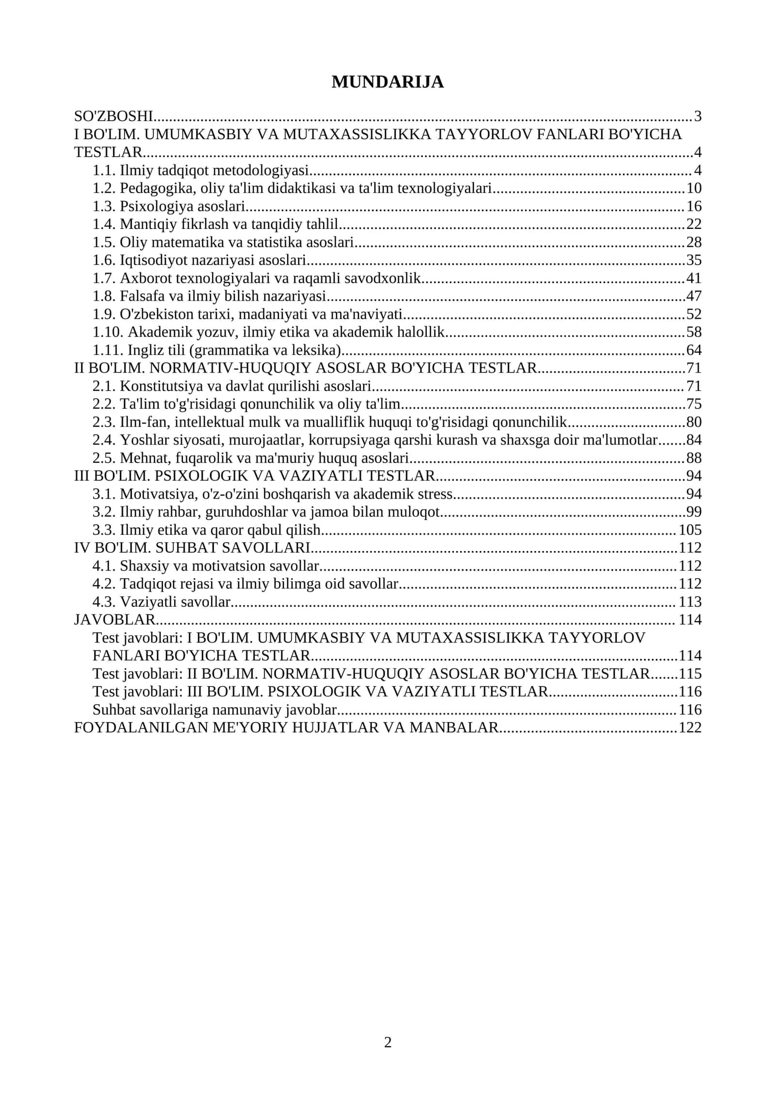 MAGISTRATURAGA KIRISH UCHUN TESTLAR TO'PLAMI. 2027-yil uchun 2