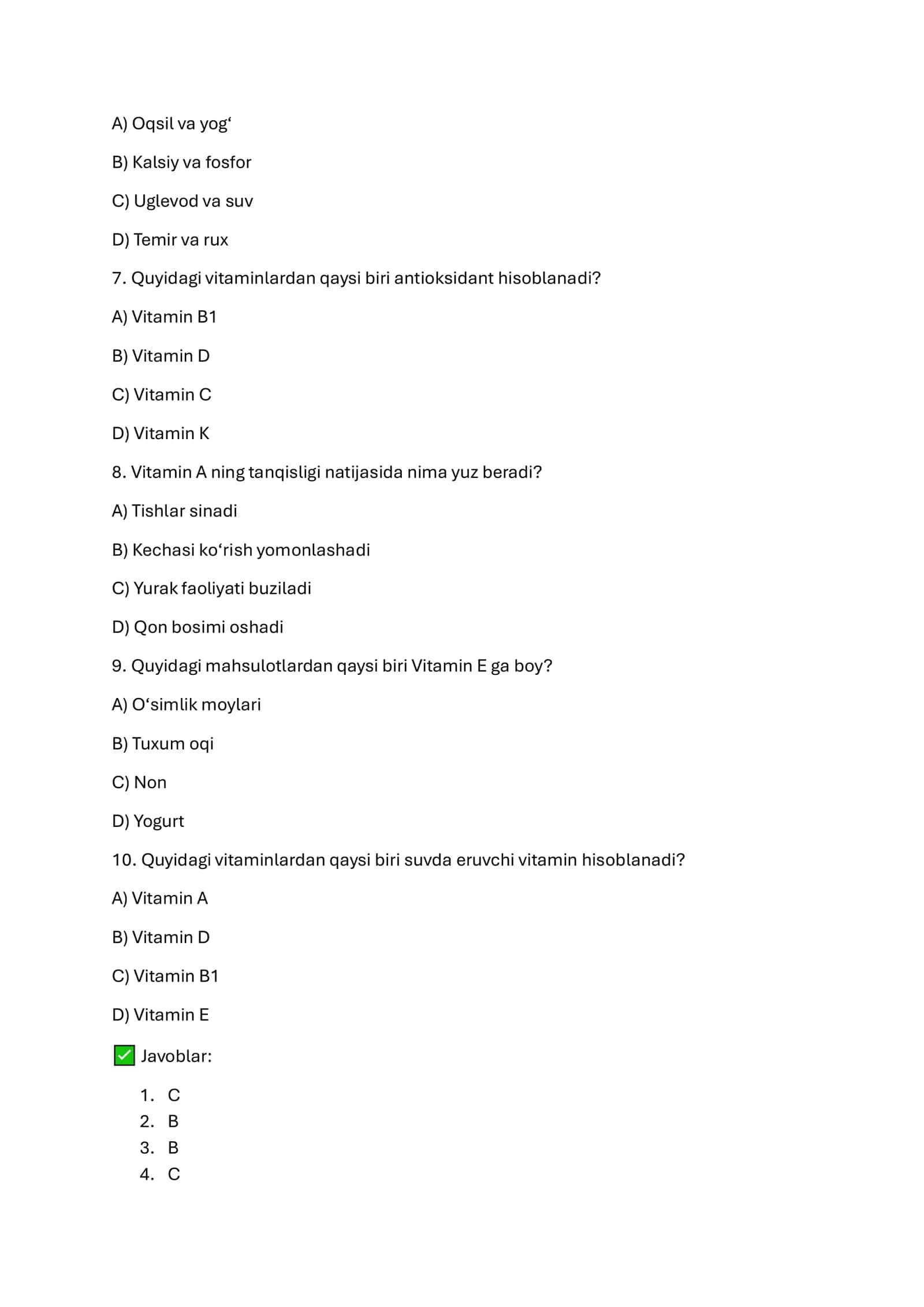 Vitaminlar bo‘yicha test 2