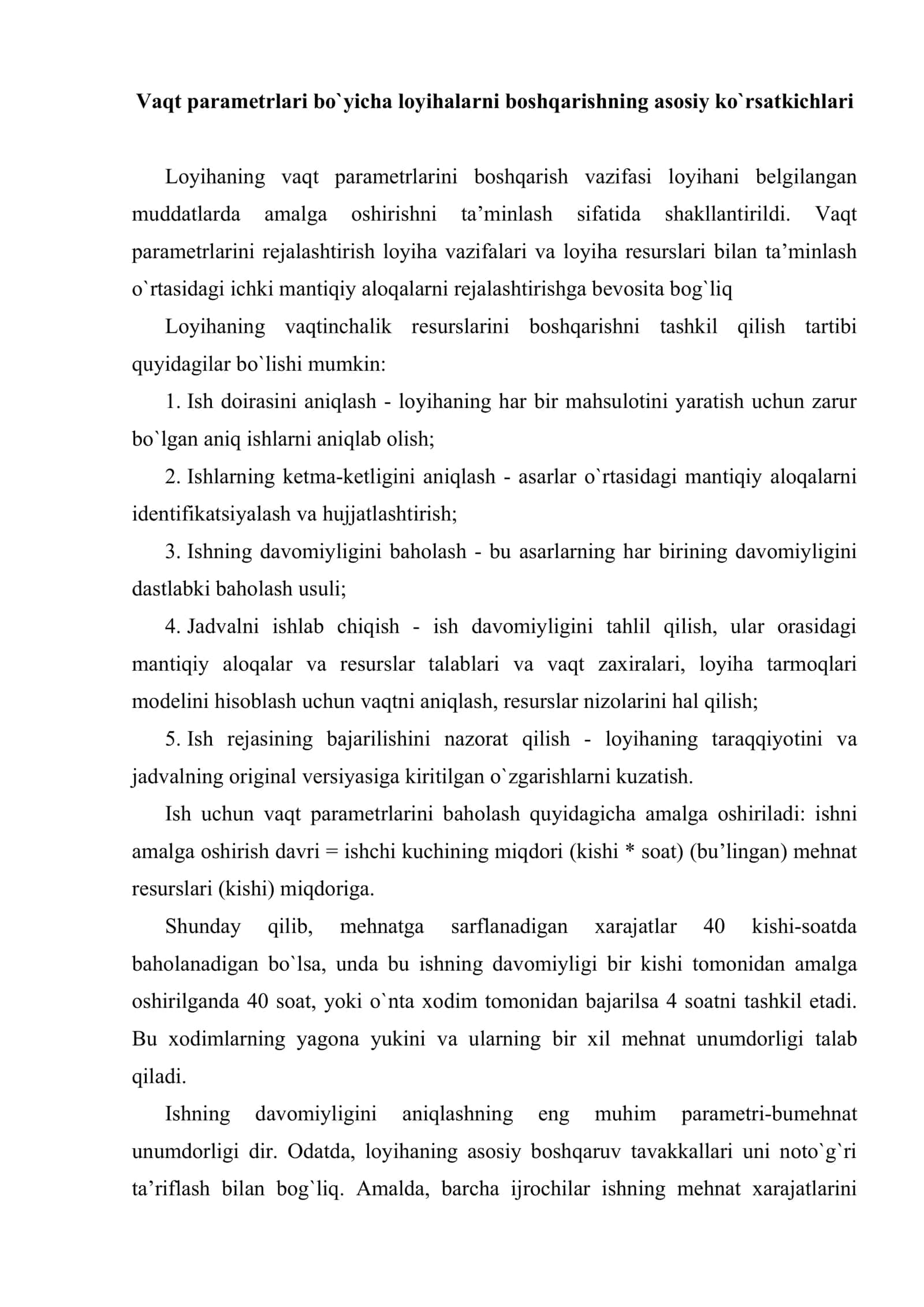 Vaqt parametrlari bo`yicha loyihalarni boshqarish 2