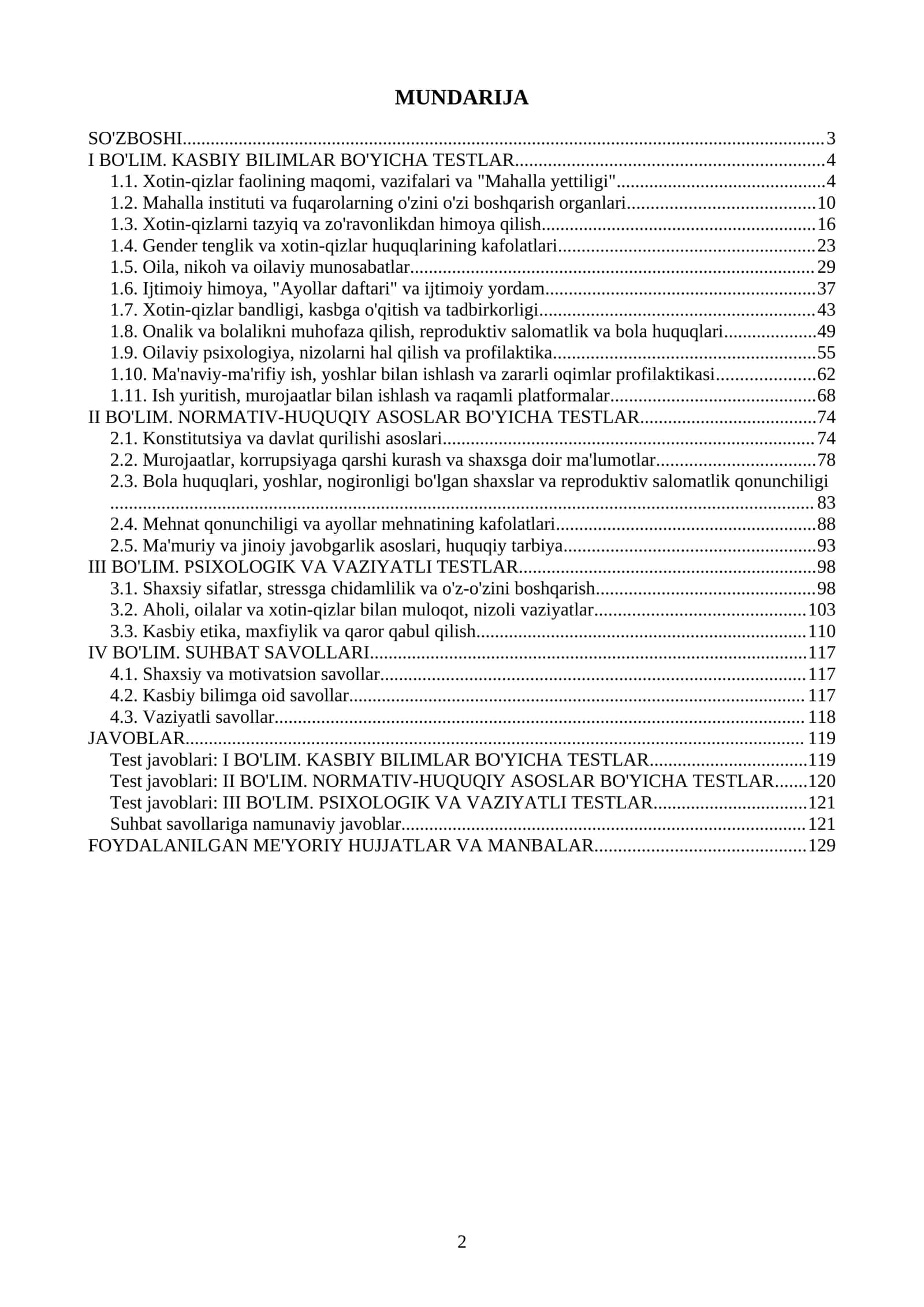 Mahalla xotin-qizlar faoli. Ishga kirish uchun suhbat savollari va testlar. Javoblari bilan birga. 1000 ta test 2