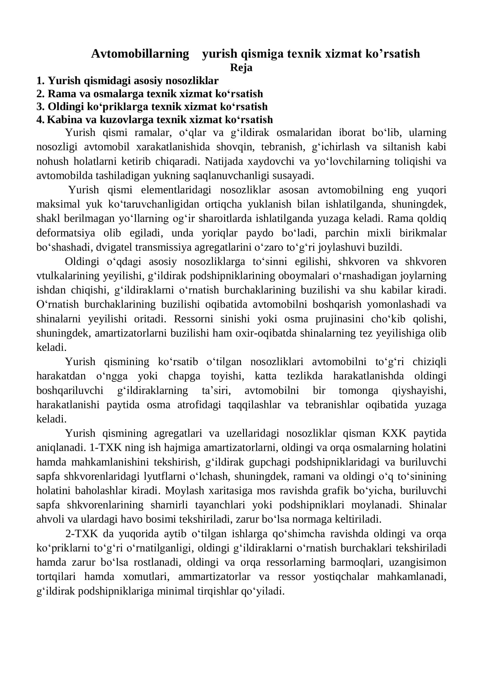 Avtomobillarning yurish qismiga texnik xizmat ko’rsatish 2
