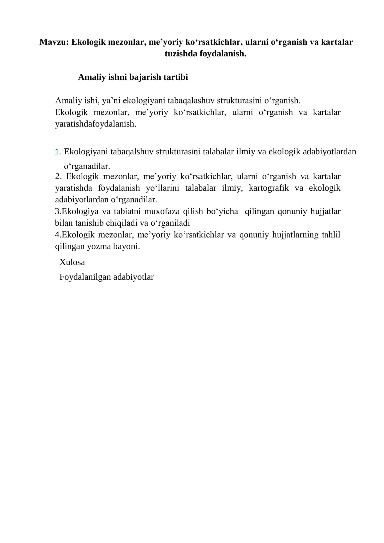 Ekologik mezonlar, meʼyoriy koʻrsatkichlar, ularni oʻrganish va kartalar tuzishda foydalanish 2