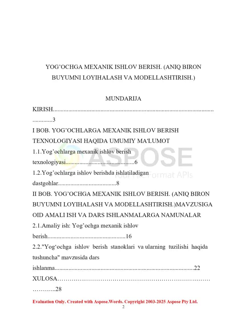 Kurs ishi “Yog’ochga mexanik ishlov berish (aniq biron buyumni loyihalash va modellashtirish)” 2