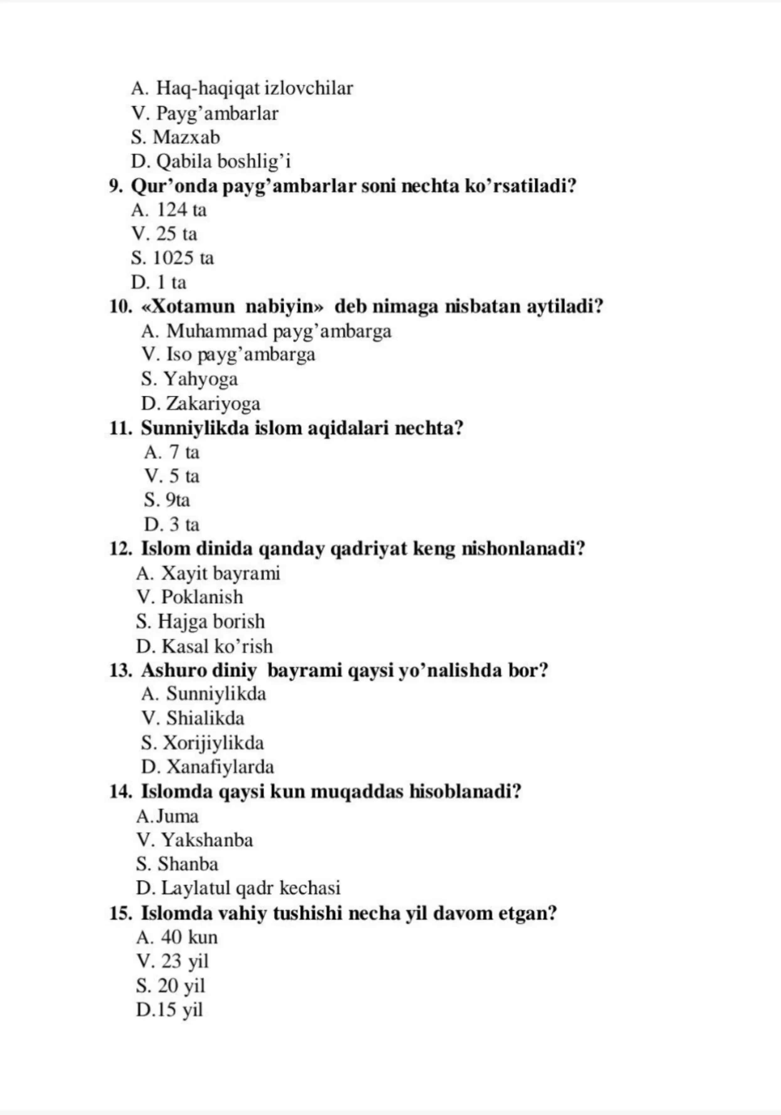Dinshunoslik 100 talik test 2