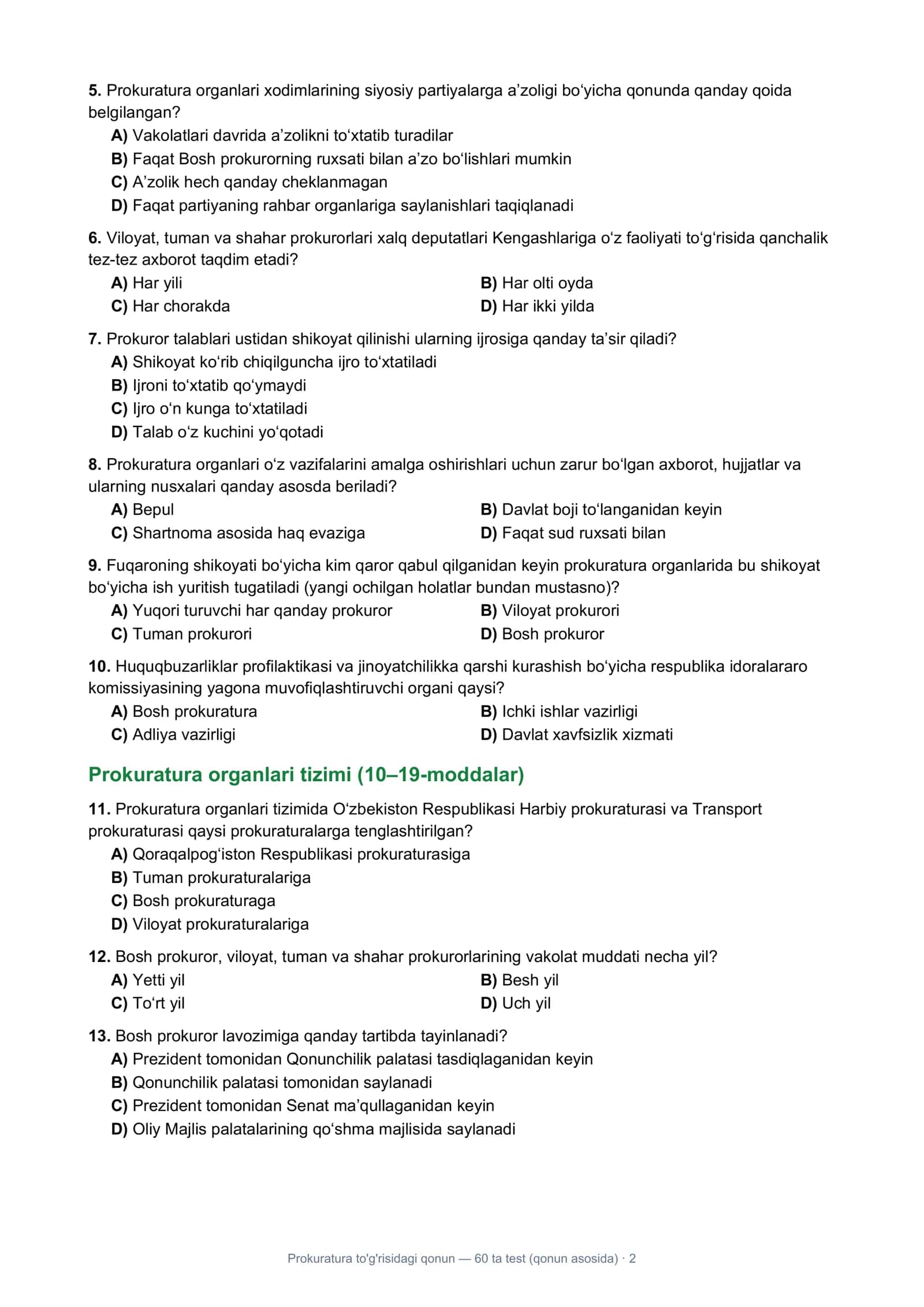 Prokuratura to'g'risidagi qonun — 60 ta test (qonun asosida) 2