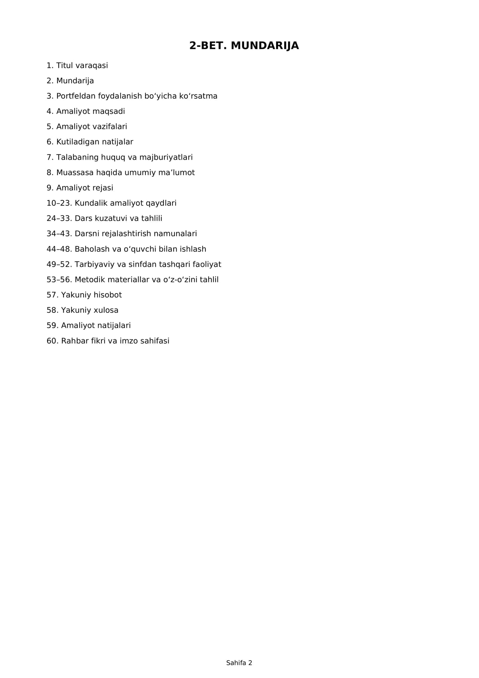 Pedagogik amaliyot portfeli — 60 betlik to‘liq Word va PDF 2