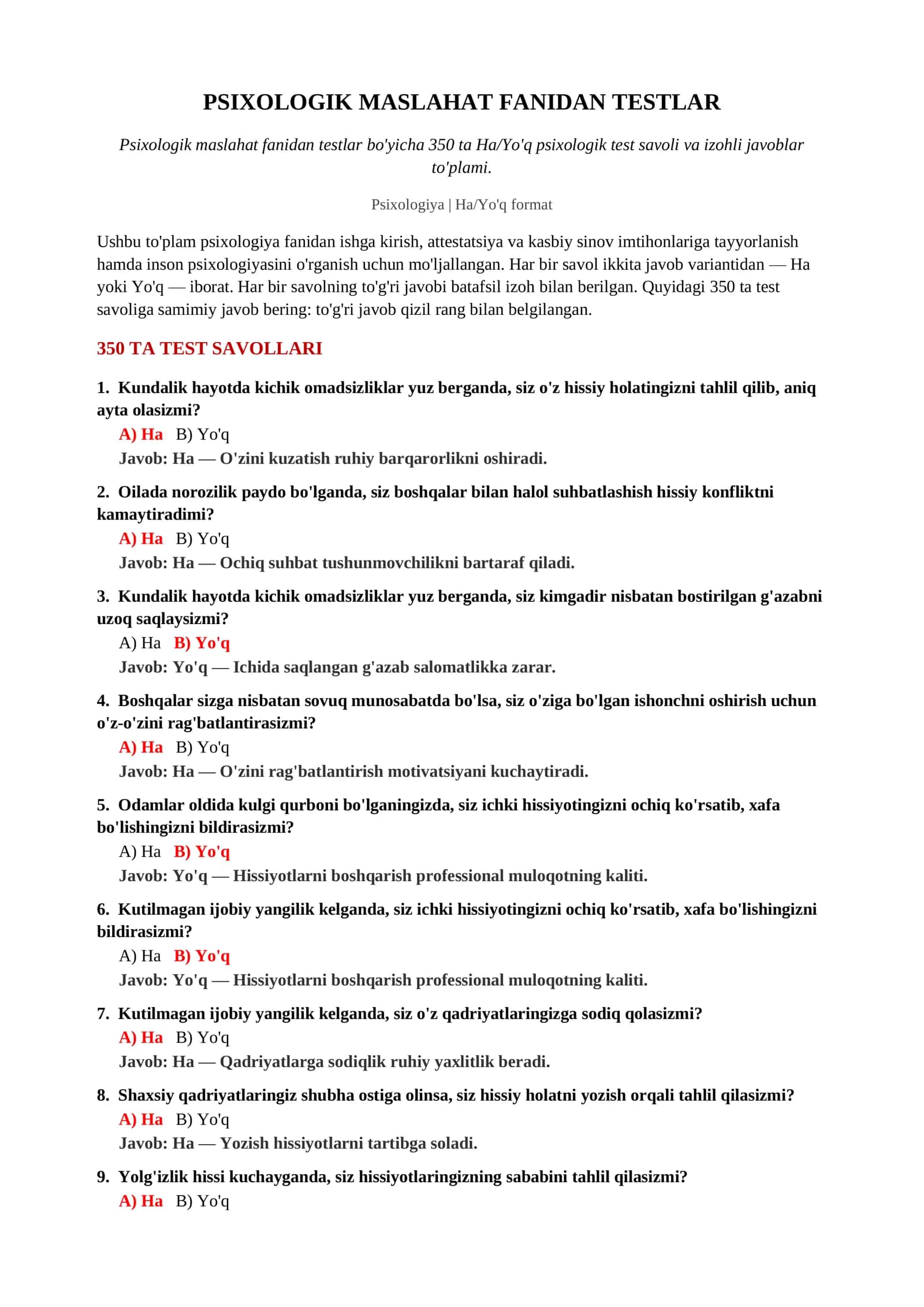 Psixologik maslahat fanidan testlar 2