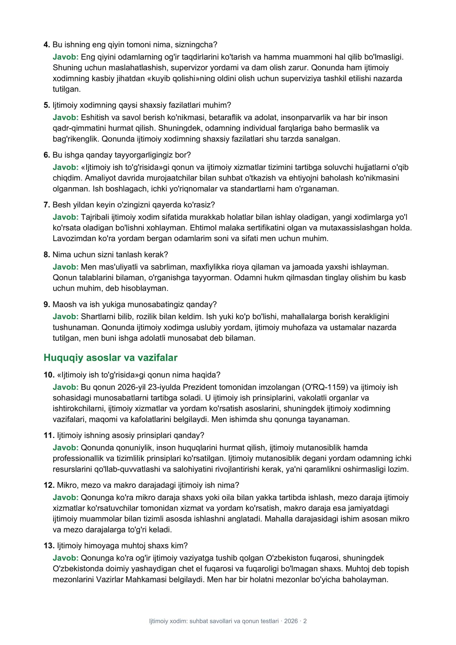 Ijtimoiy xodim lavozimi: suhbat savollari va qonun testlari 2