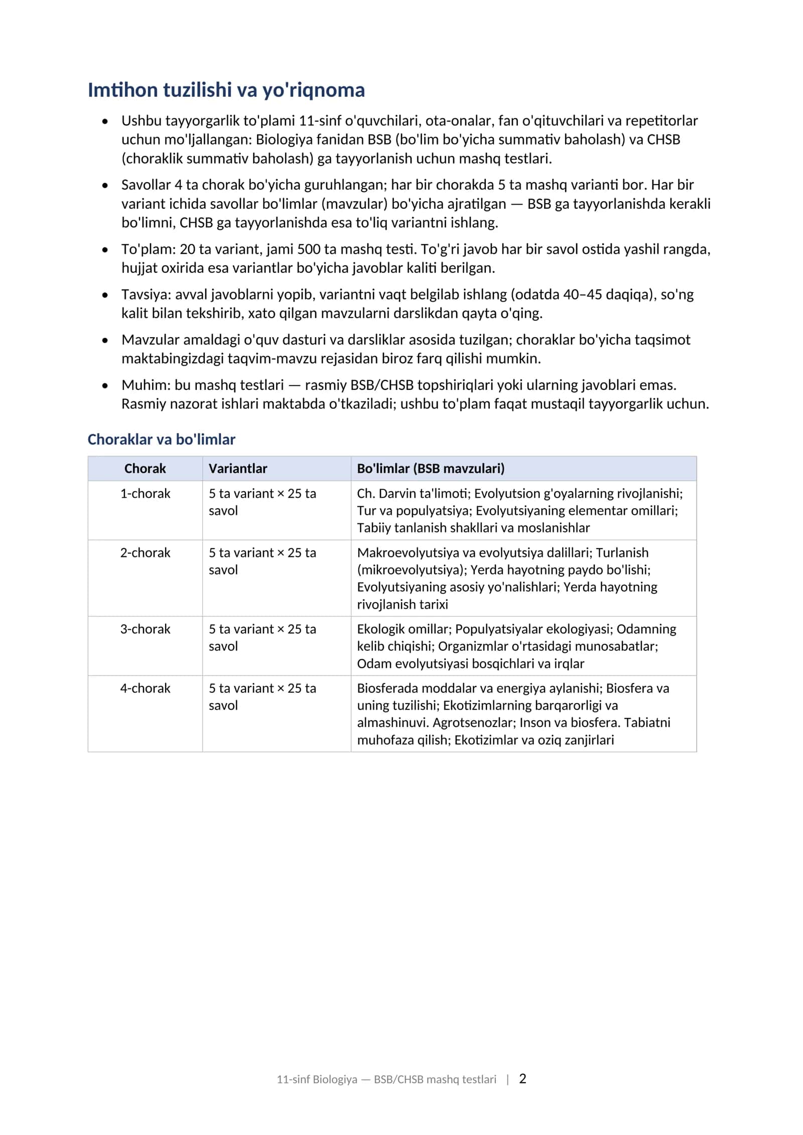 11-SINF BIOLOGIYA BSB va CHSB ga tayyorgarlik to'plami: 1–4-choraklar bo'yicha mashq testlari, javoblari bilan (2026–2027 o'quv yili). 11-sinf Biologiya BSB CHSB javoblari bilan 1-4-chorak 2026-2027 mashq testlari 2