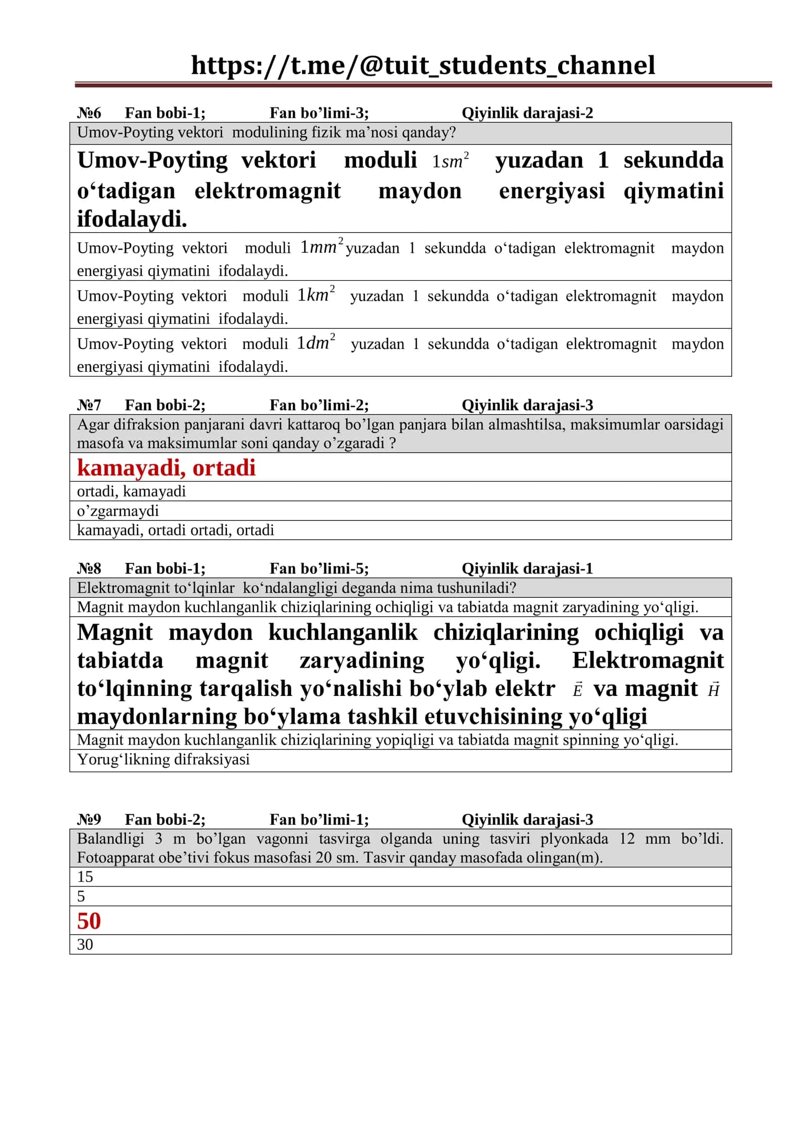 Fizika fanidan 1-kurs talabalari uchun test materiallari (2-semestr) 2
