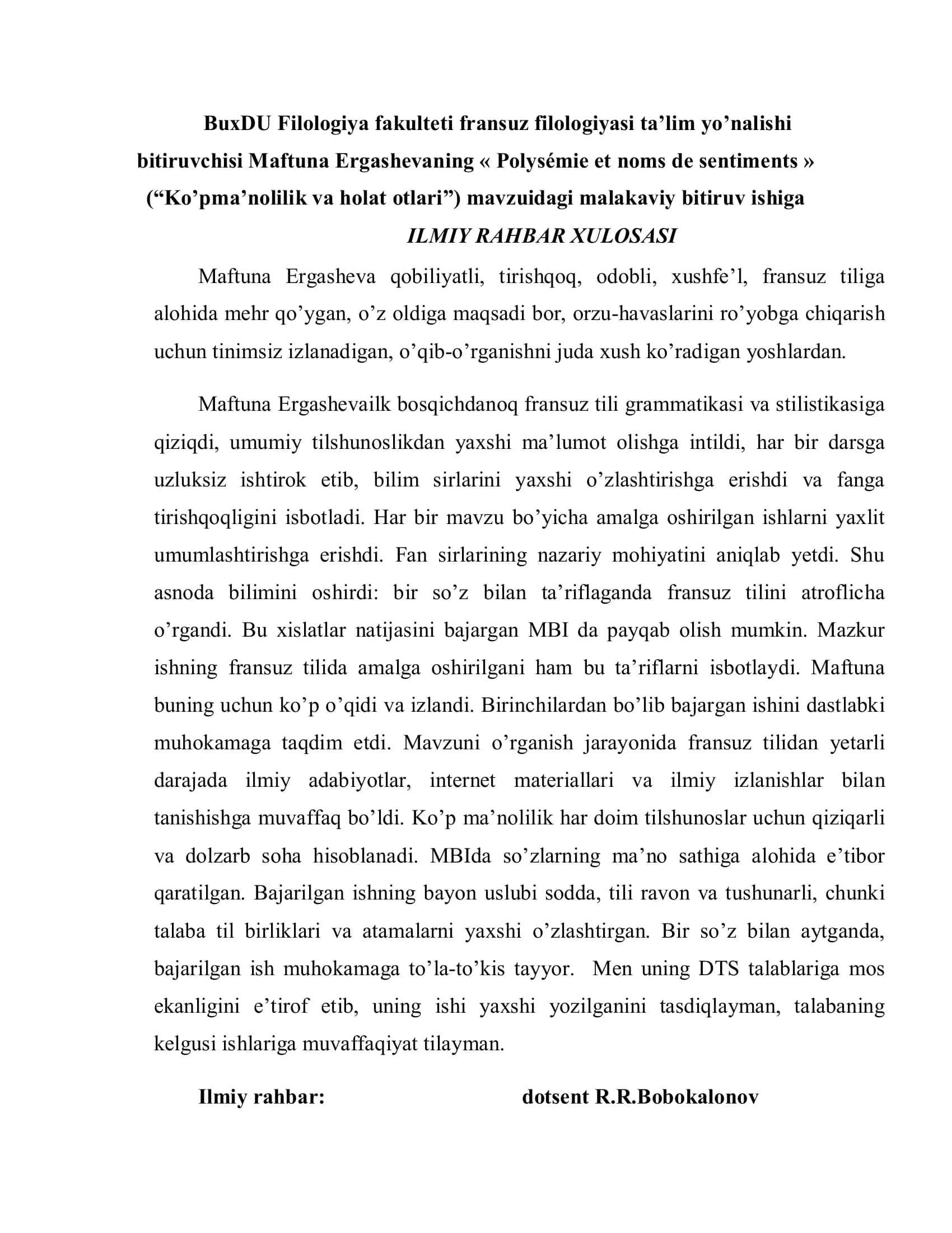 Maftuna Ergashevaning Polysémie et noms de sentiments 2