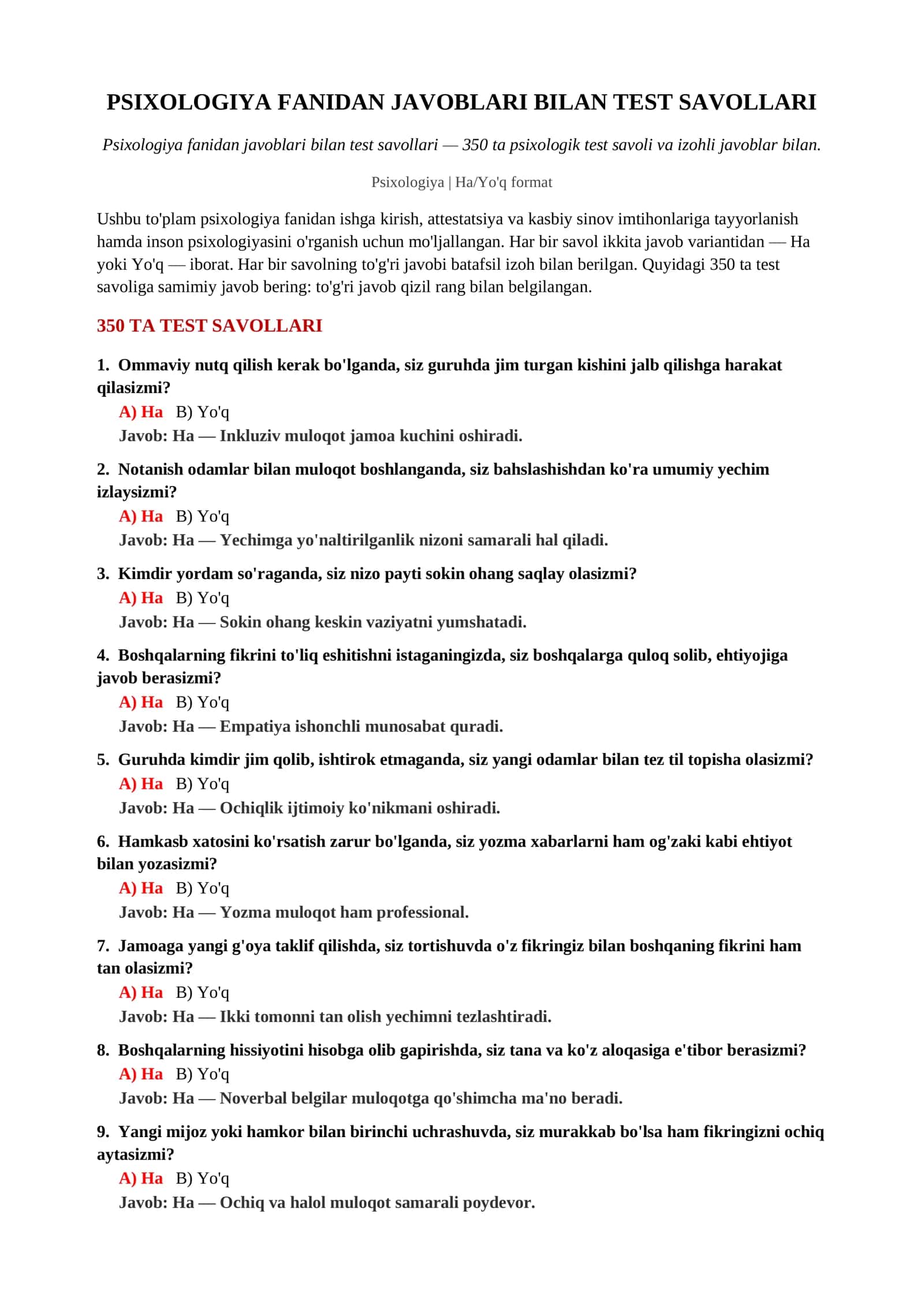 Psixologiya fanidan javoblari bilan test savollari 2